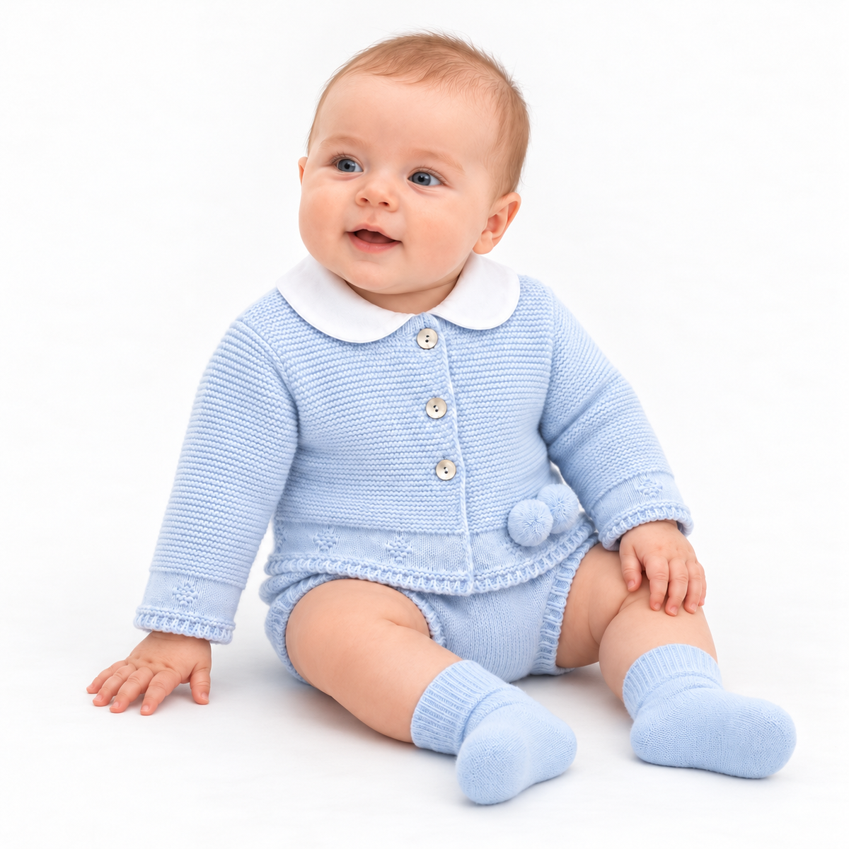 Vk10 Baby Boys Shirt With Knitted Pom Jam Pants & Jumper Set Blue