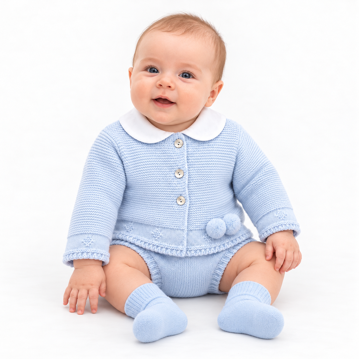 Vk10 Baby Boys Shirt With Knitted Pom Jam Pants & Jumper Set Blue