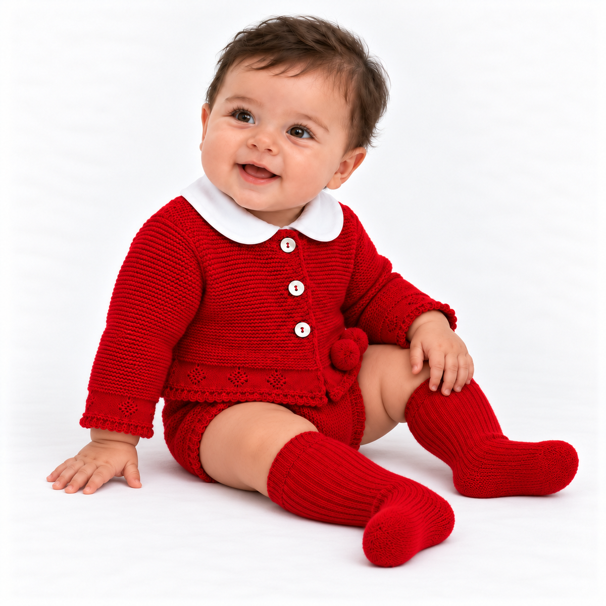 Vk10 Baby Boys Shirt With Knitted Pom Jam Pants & Jumper Set Red