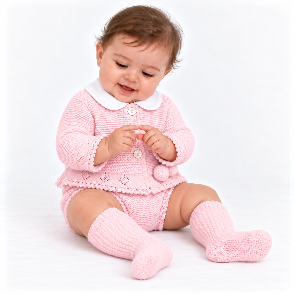 Vk10 Baby Girls Shirt With Knitted Pom Jam Pants & Jumper Set Pink