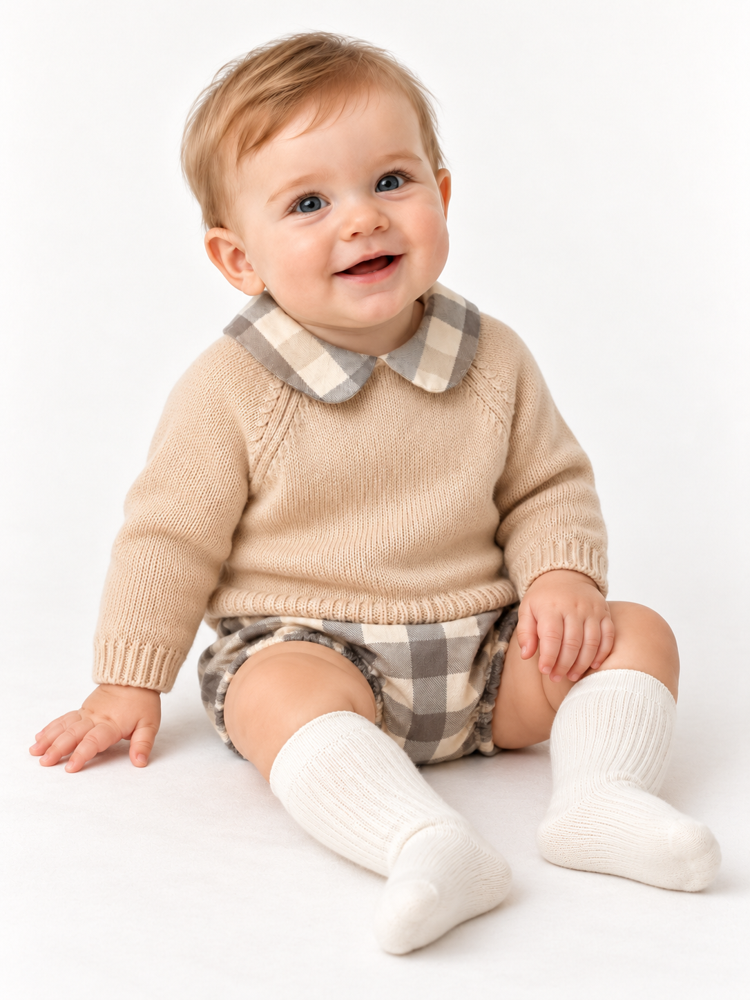 C7110 Baby Boys Knitted Jumper & Checked Jam Pants Outfit Set Camel