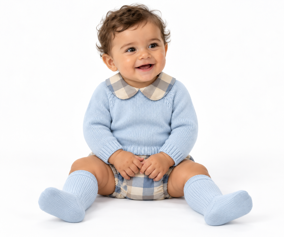 C7110 Baby Boys Knitted Jumper & Checked Jam Pants Outfit Set Blue