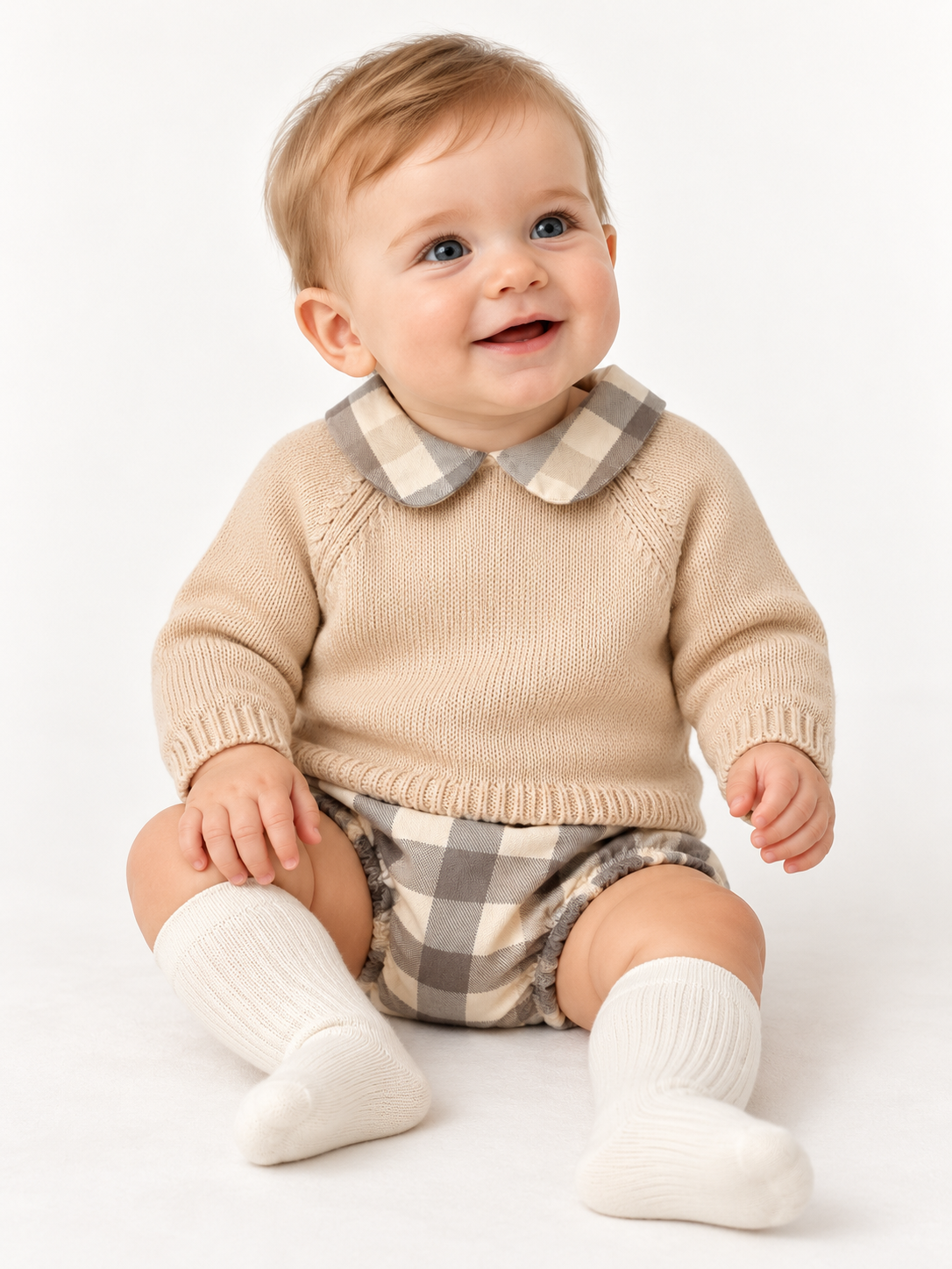 C7110 Baby Boys Knitted Jumper & Checked Jam Pants Outfit Set Camel