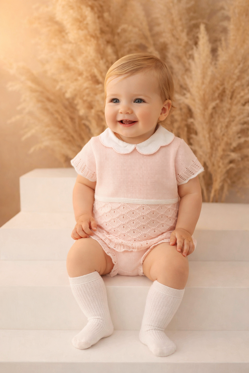 Avery Girls Knit Scallop Collar Romper Suit Set Pink