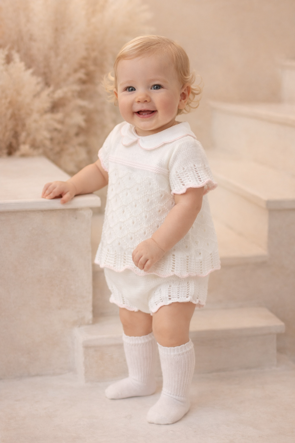 Avery Girls Knit Scallop Collar Romper Suit Set White