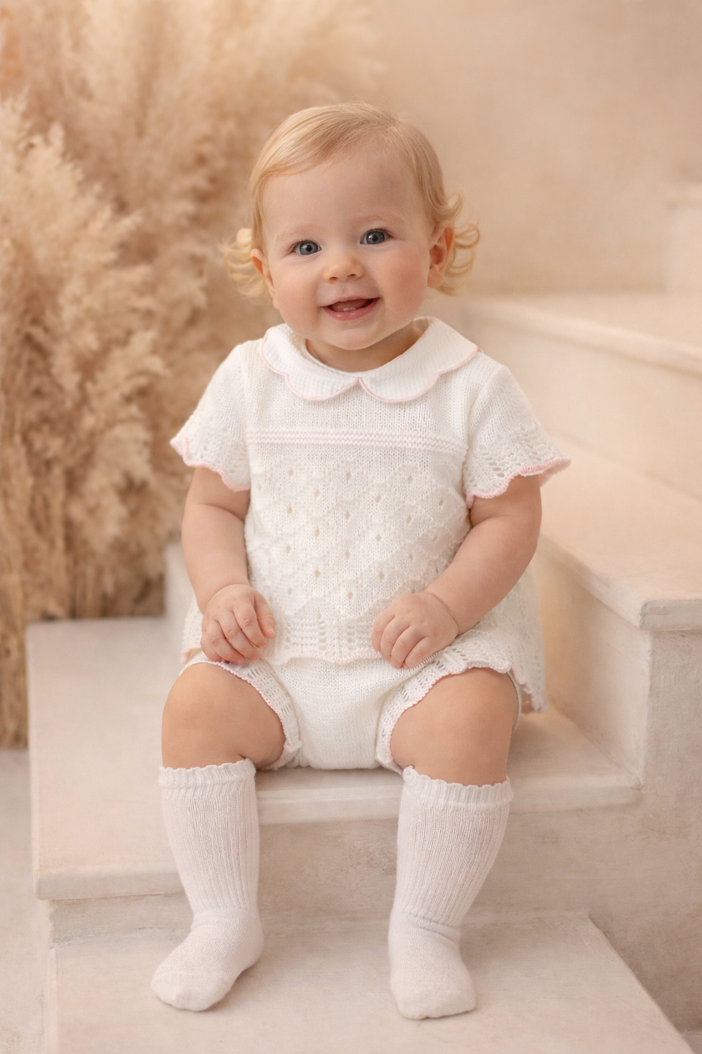 Avery Girls Knit Scallop Collar Romper Suit Set White