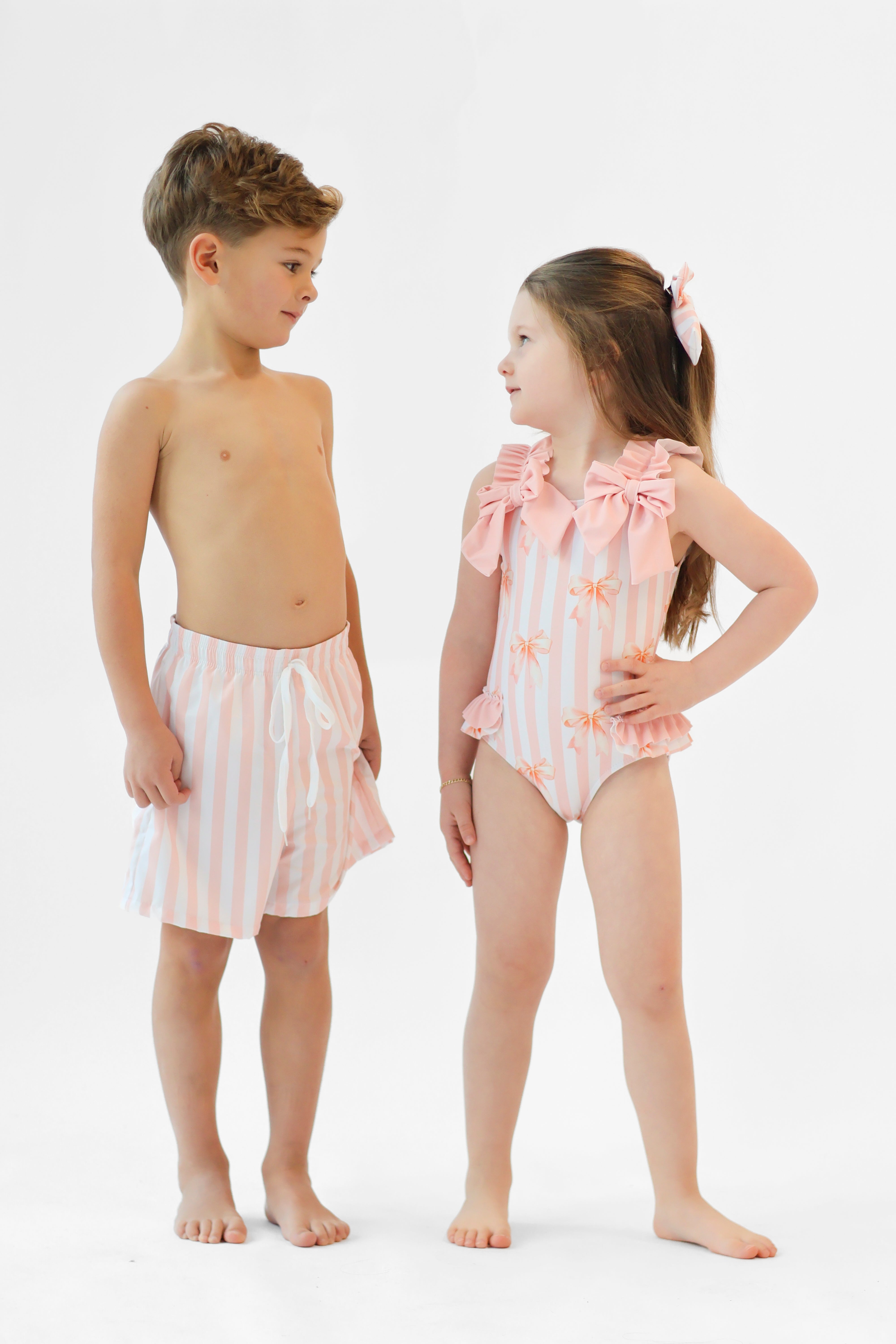 Olivia Girls Peach Striped Bow Frilly Swimming Costume