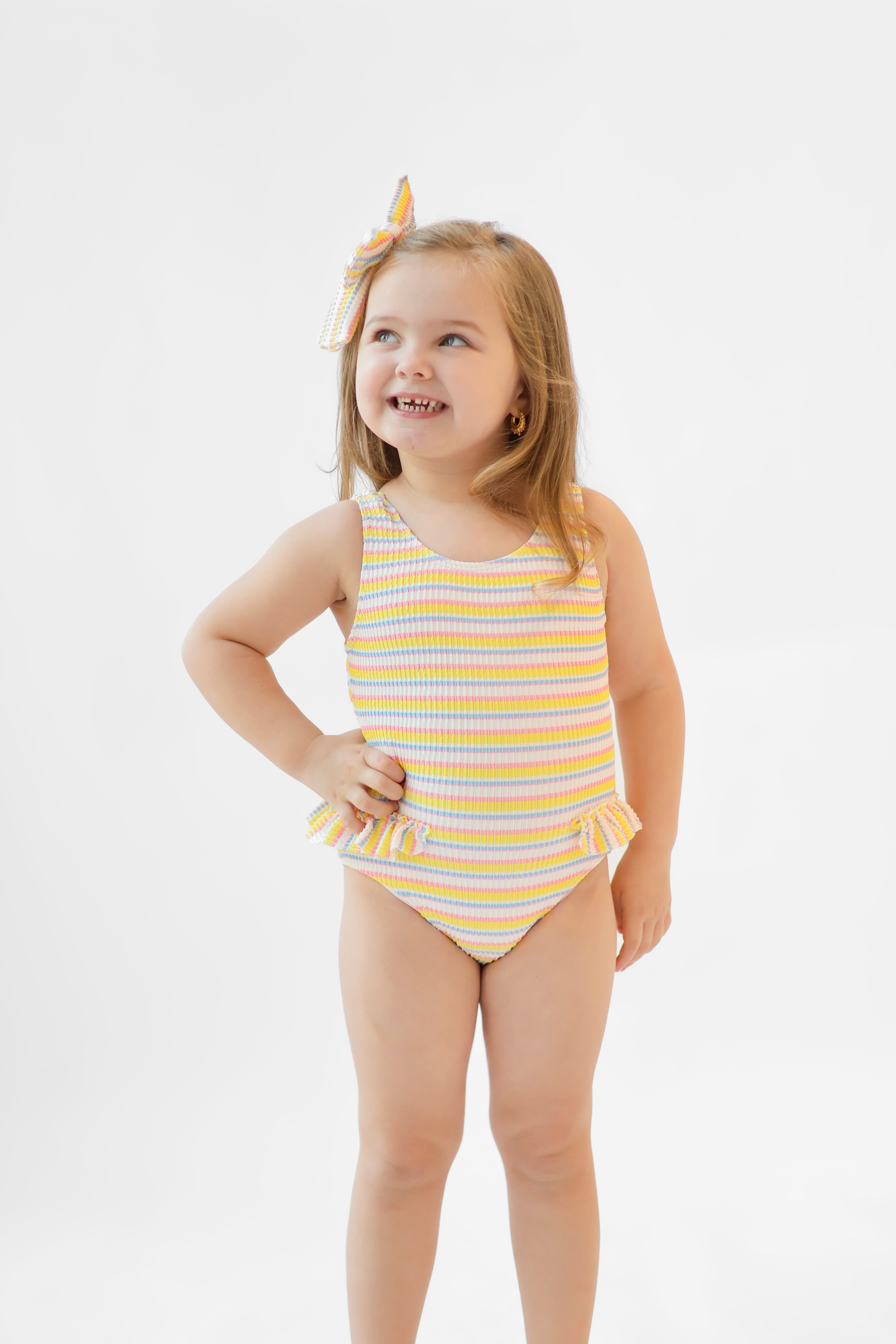 Poppy Girls Striped Waffled Frilly Bow Swimming Costume