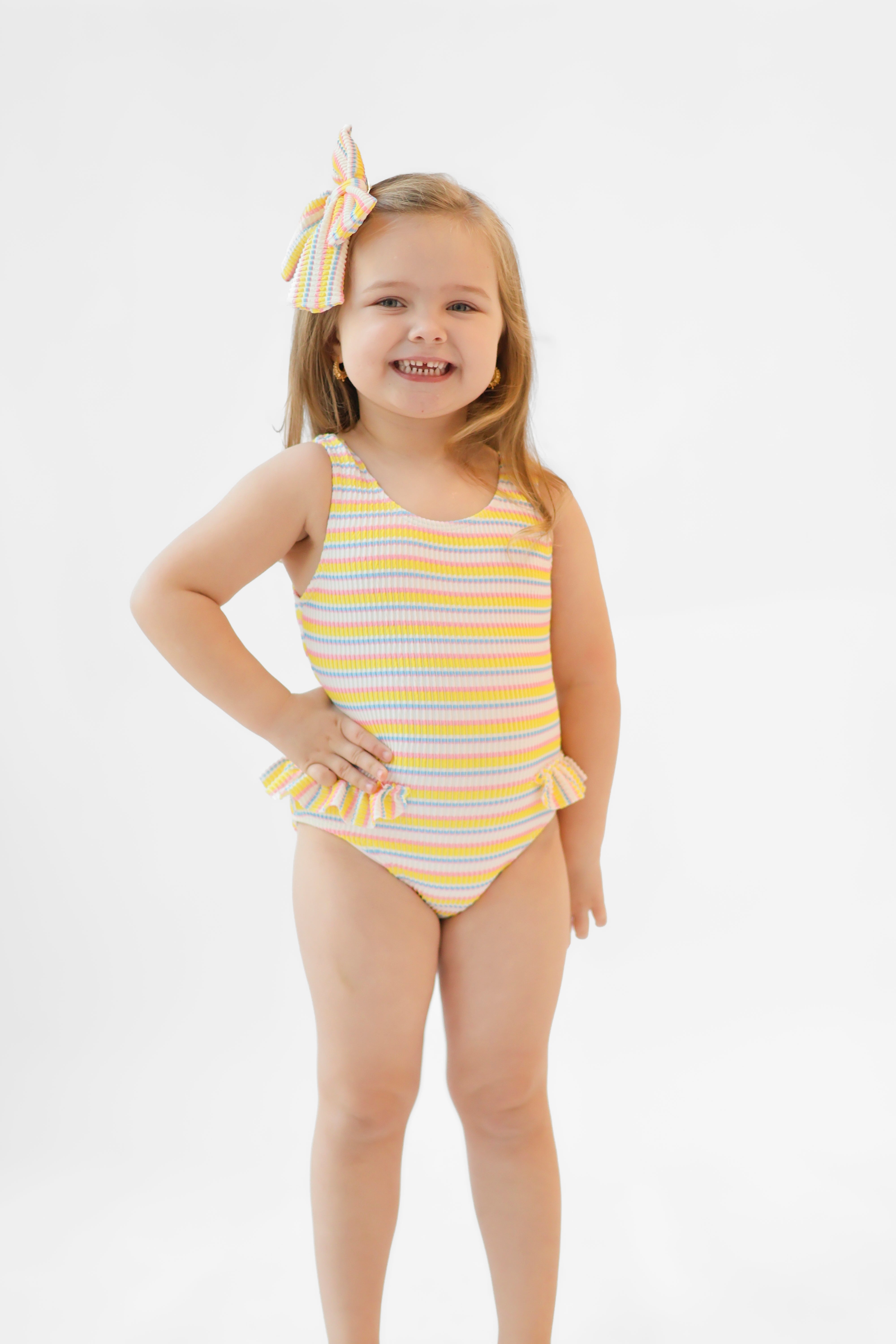 Poppy Girls Striped Waffled Frilly Bow Swimming Costume