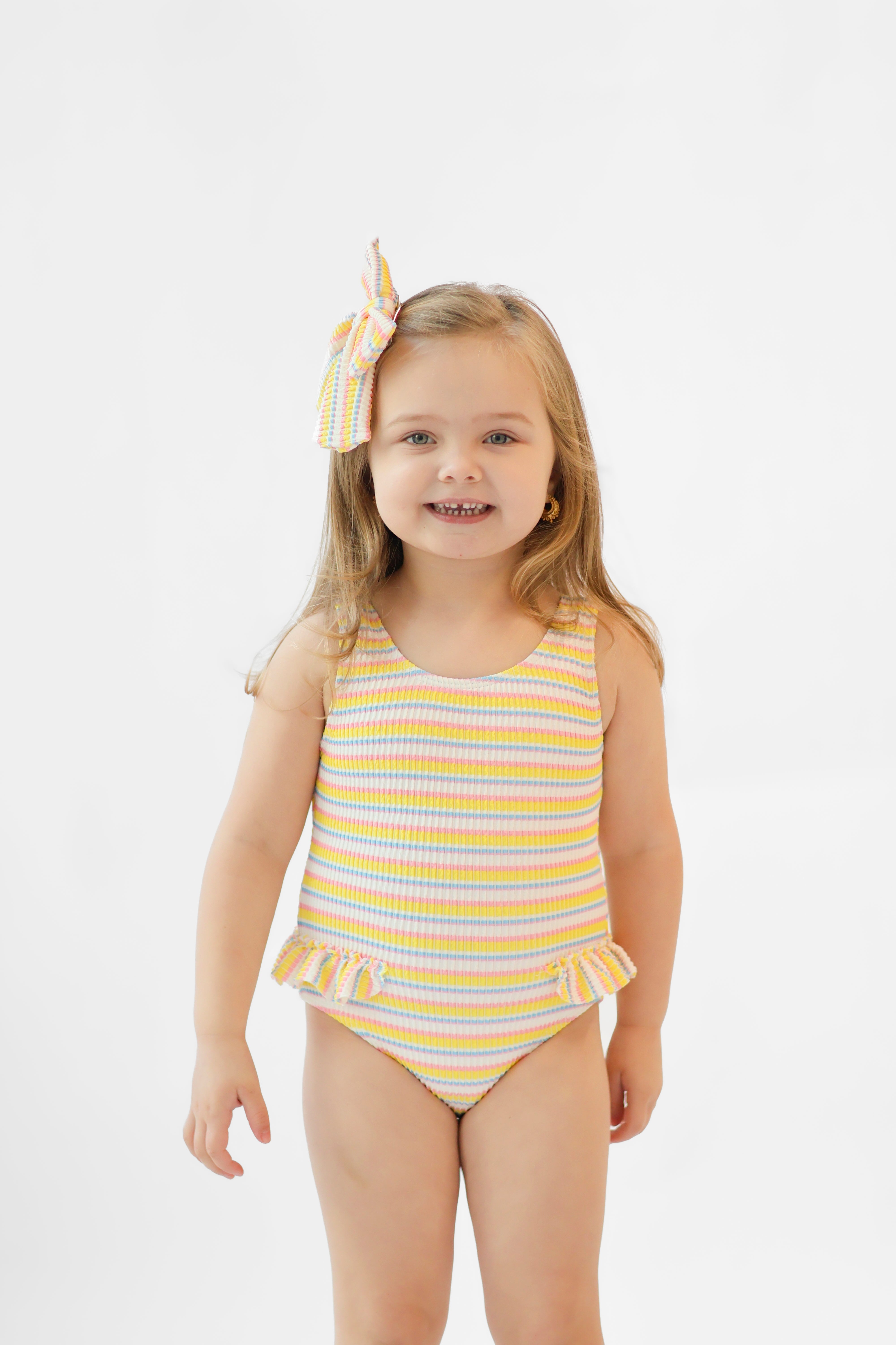 Poppy Girls Striped Waffled Frilly Bow Swimming Costume