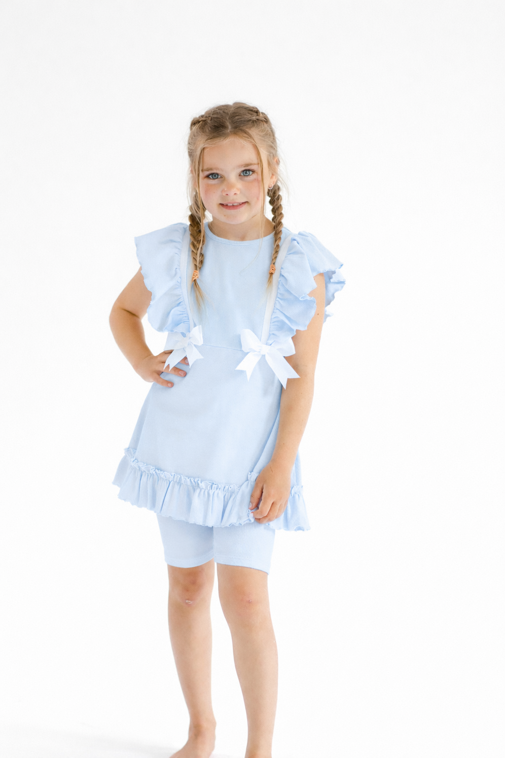 Mia Girls 3 Piece Frilly Bow Shorts & Leggings Set Blue