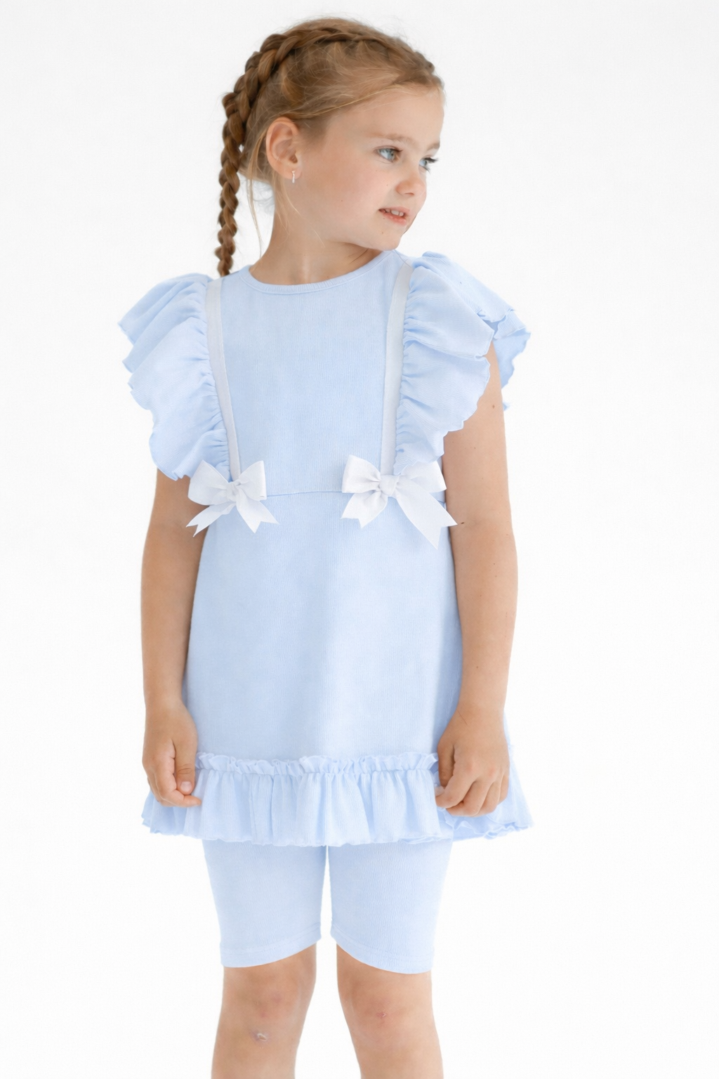 Mia Girls 3 Piece Frilly Bow Shorts & Leggings Set Blue