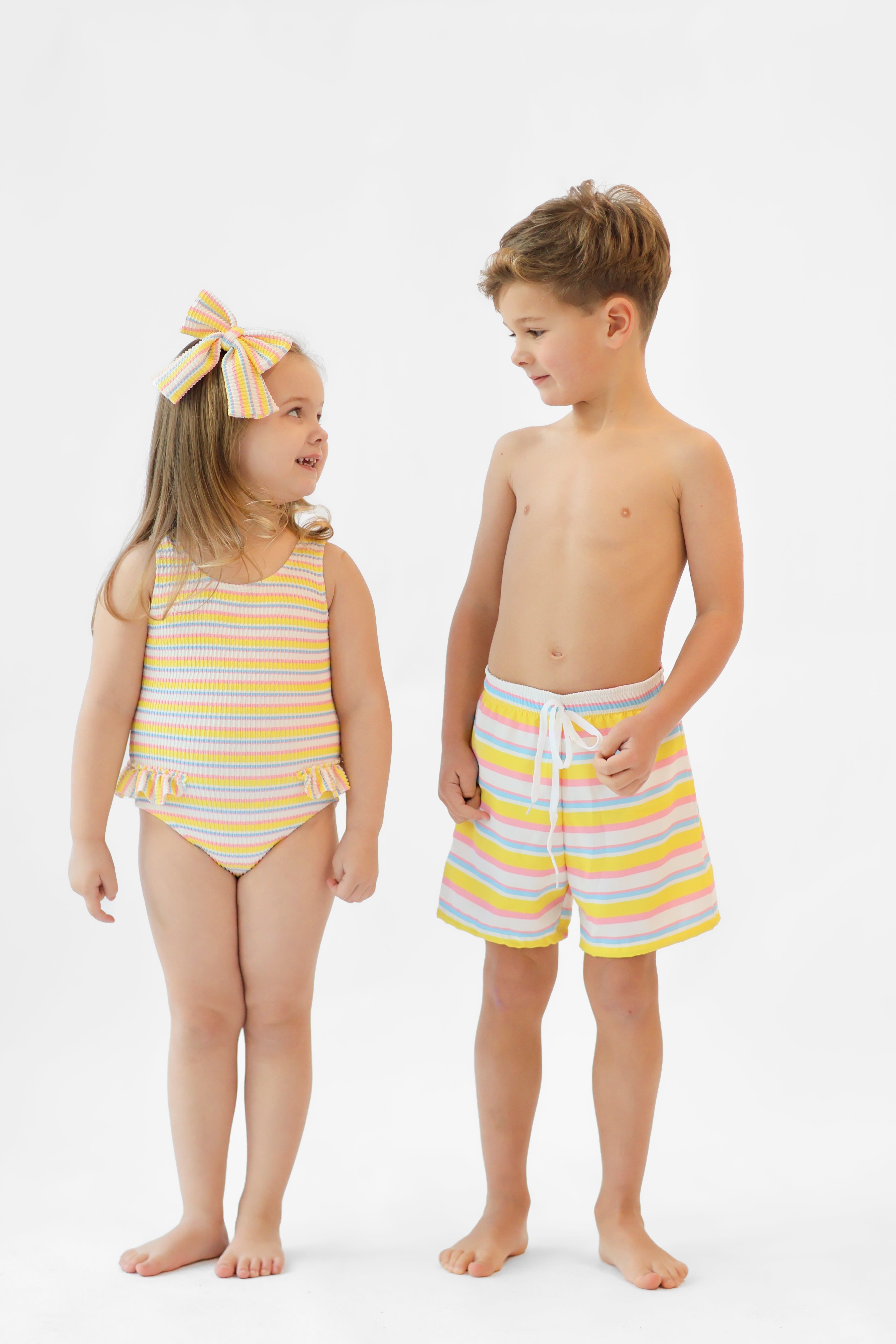 Poppy Girls Striped Waffled Frilly Bow Swimming Costume