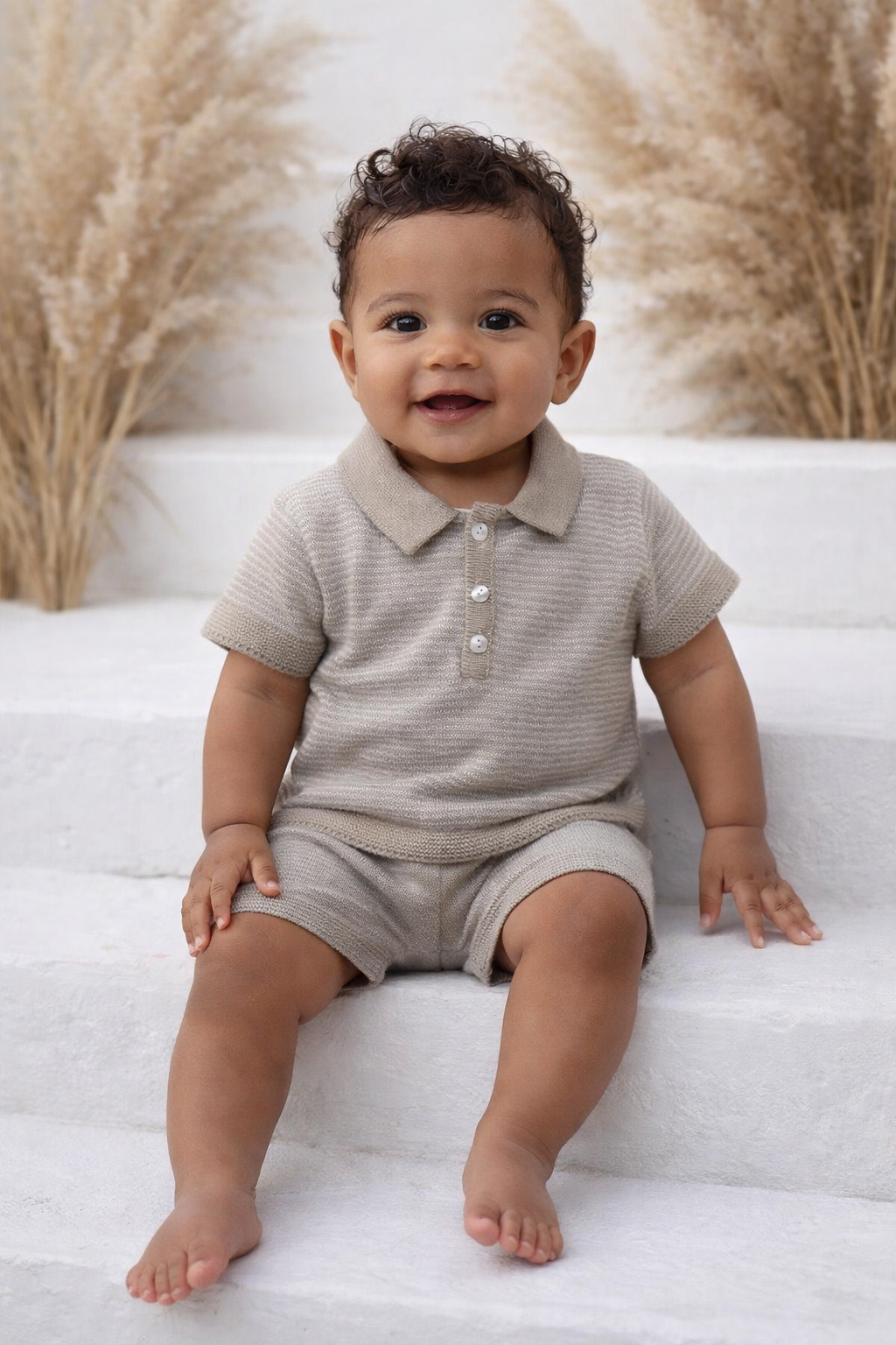 5248 Baby Boys Knit Striped Short Set Beige