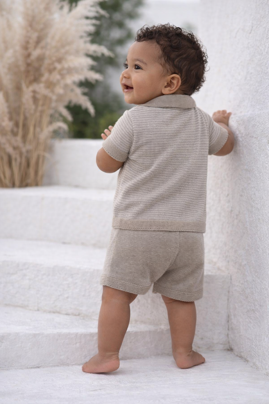 5248 Baby Boys Knit Striped Short Set Beige