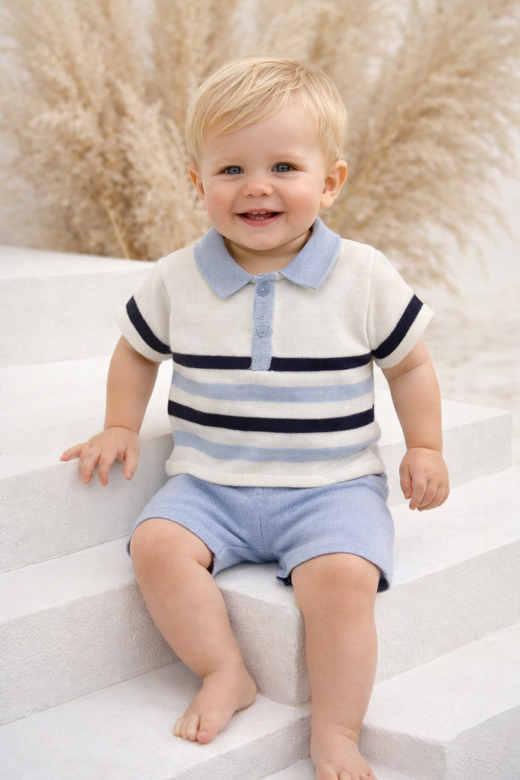 5248 Baby Boys Knit Striped Short Set White/Blue/Navy