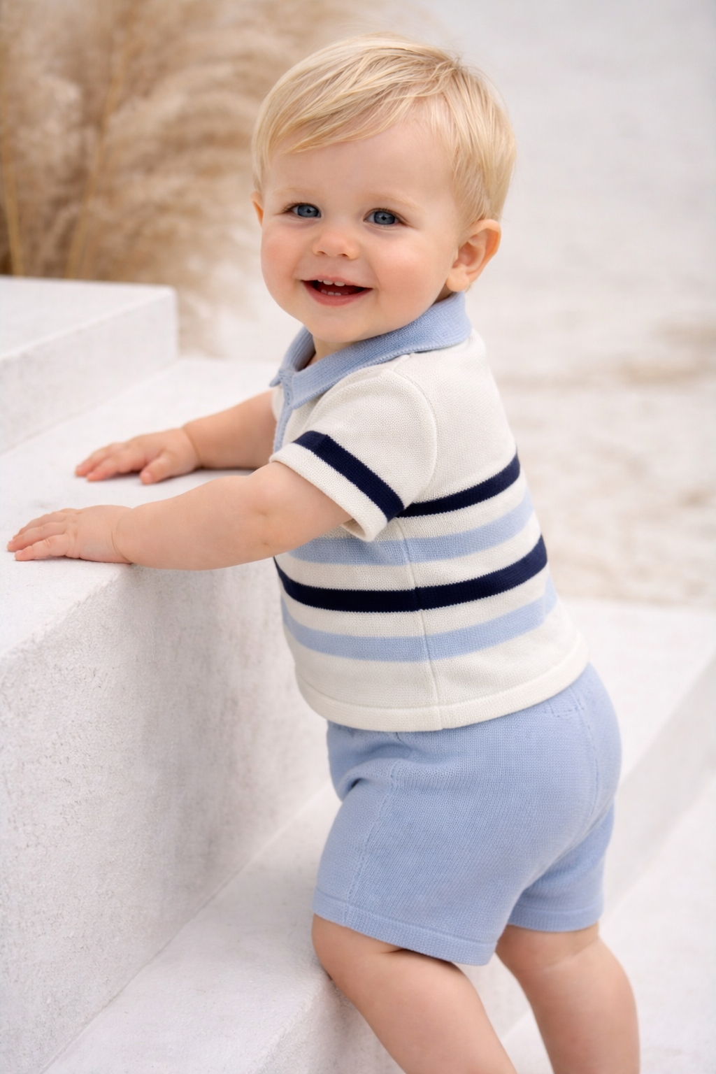5248 Baby Boys Knit Striped Short Set White/Blue/Navy