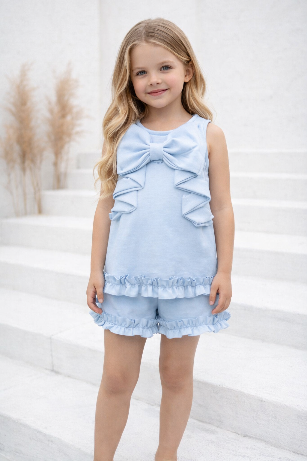 Girls Frilly Bow Short Set Blue