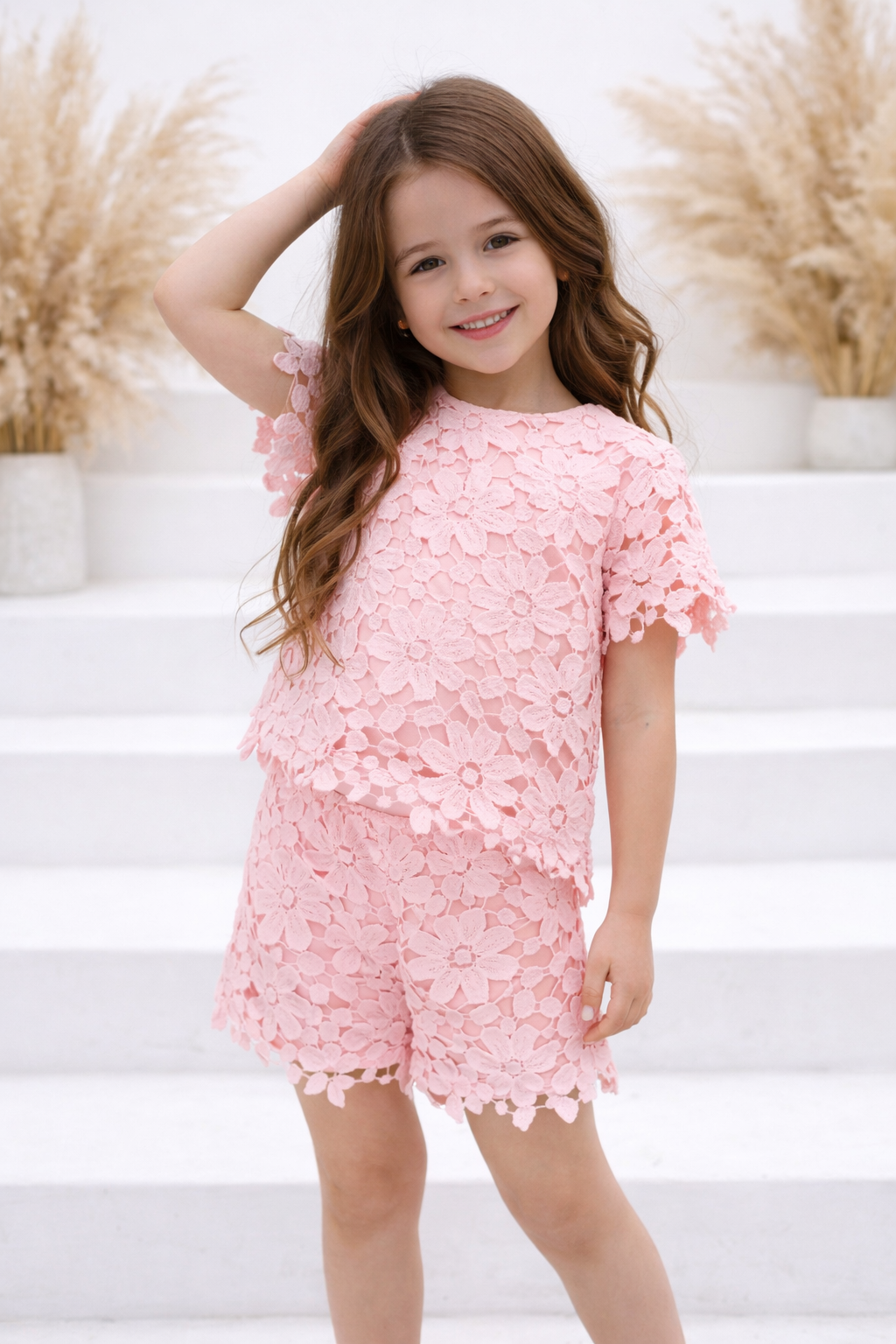 Girls Crochet Lace Short Set Pink