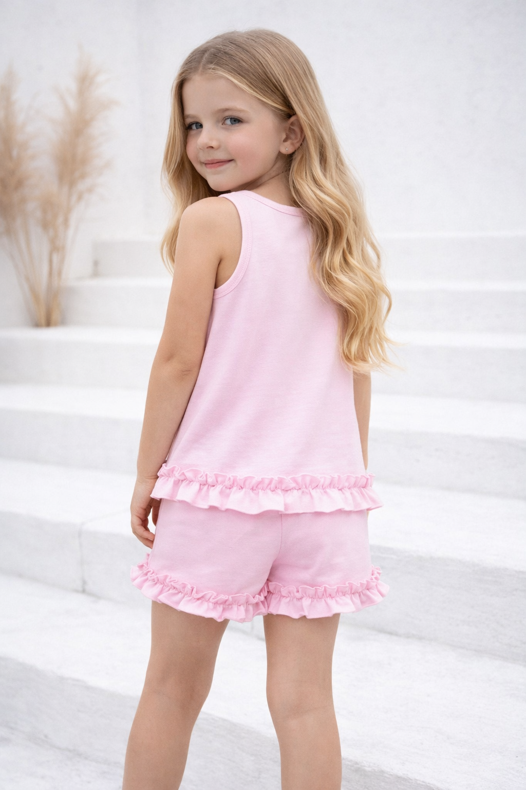 Girls Frilly Bow Short Set Pink