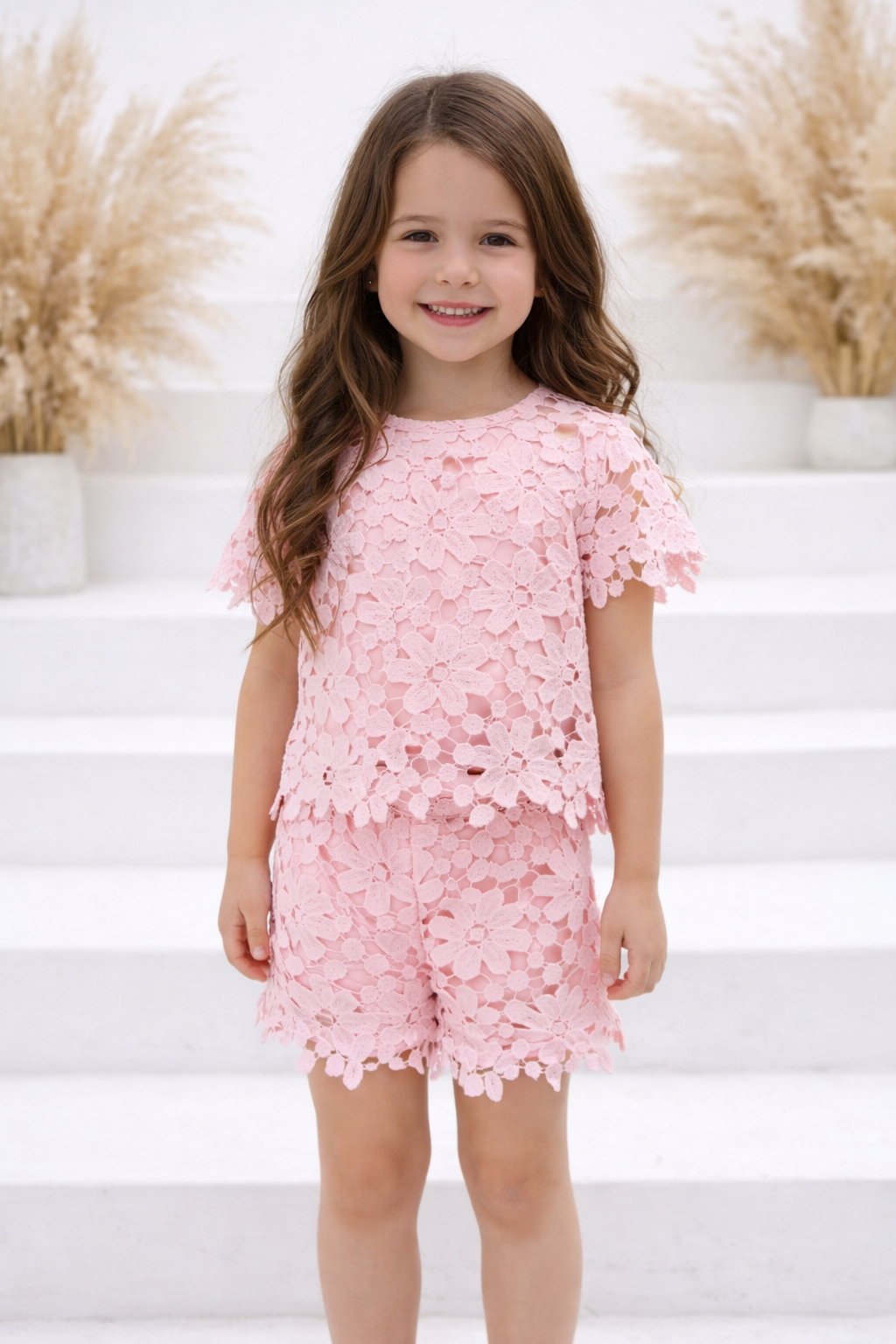 Girls Crochet Lace Short Set Pink