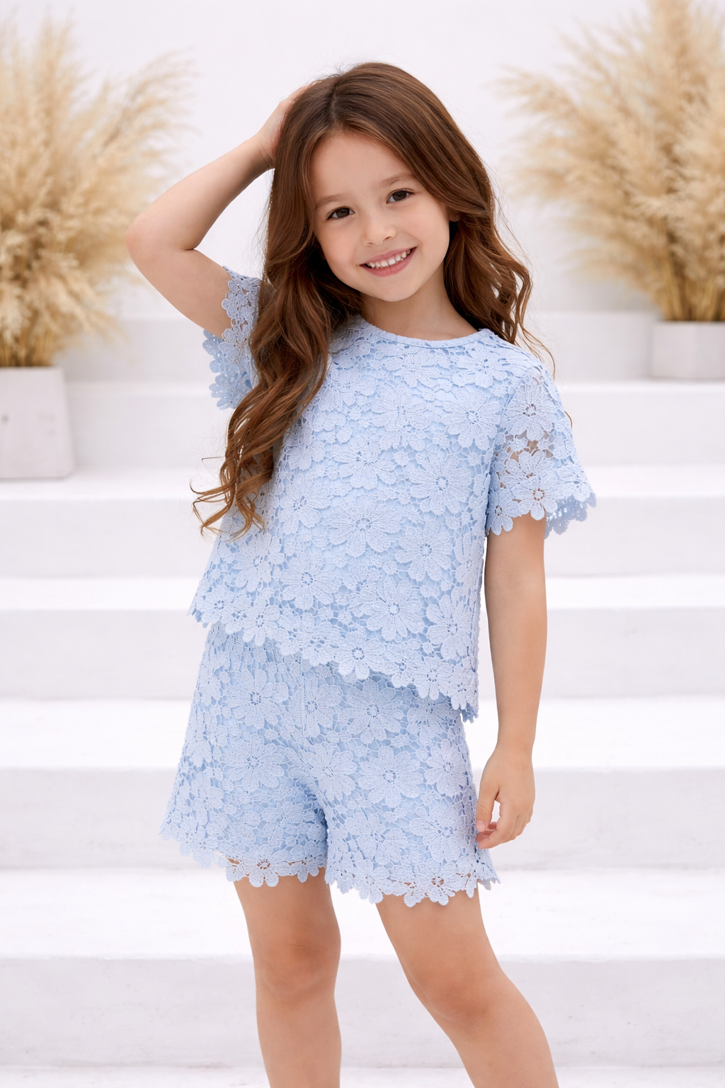 Girls Crochet Lace Short Set Blue
