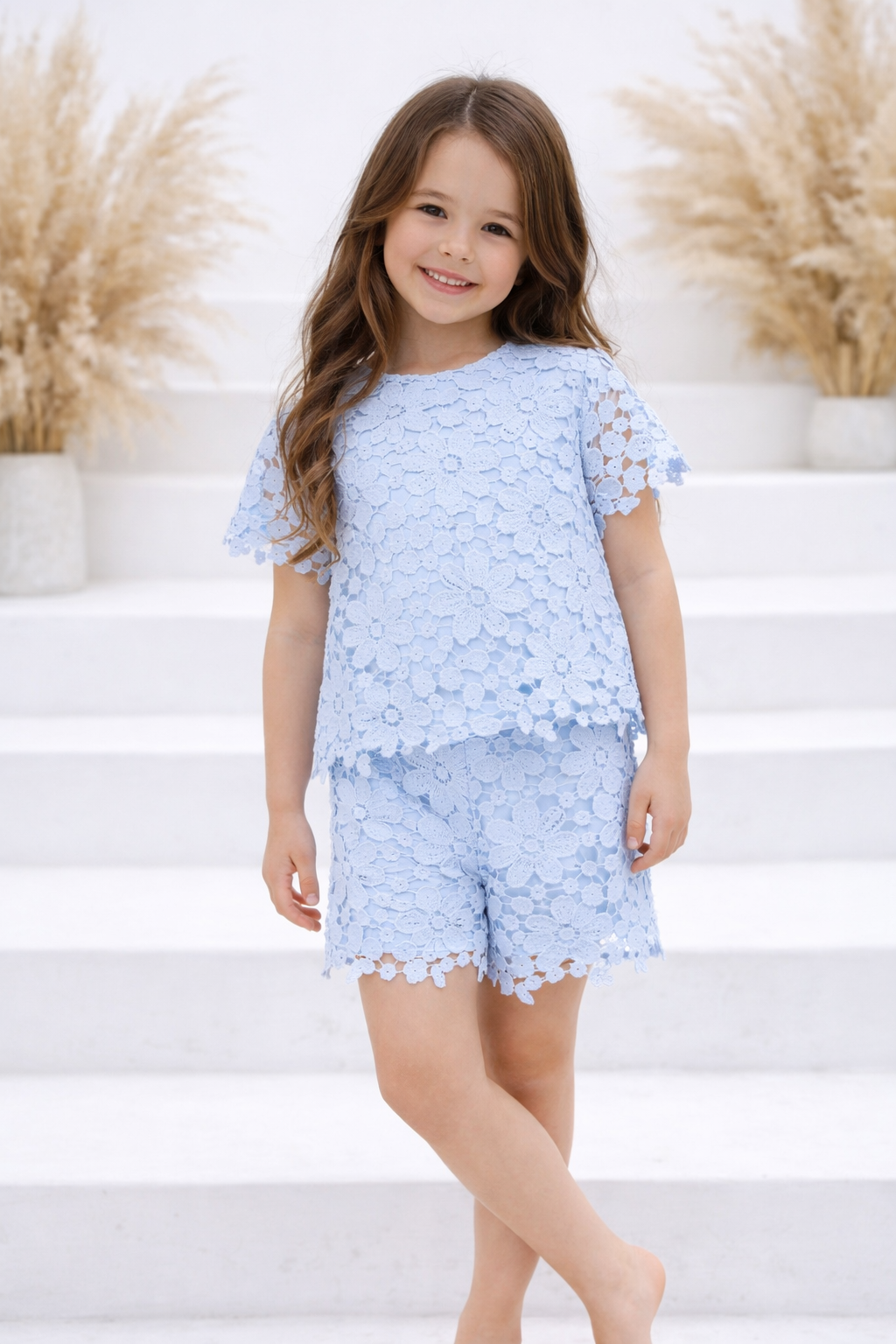 Girls Crochet Lace Short Set Blue
