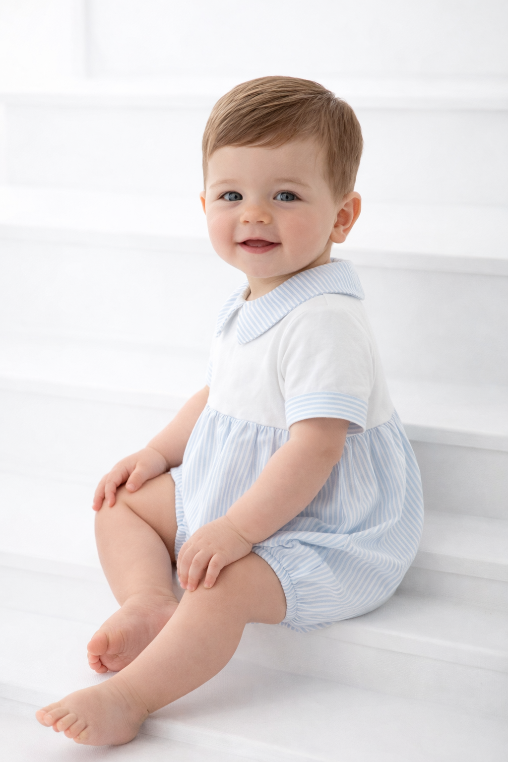 KL31 Baby Boys Stripe Collared Romper Blue