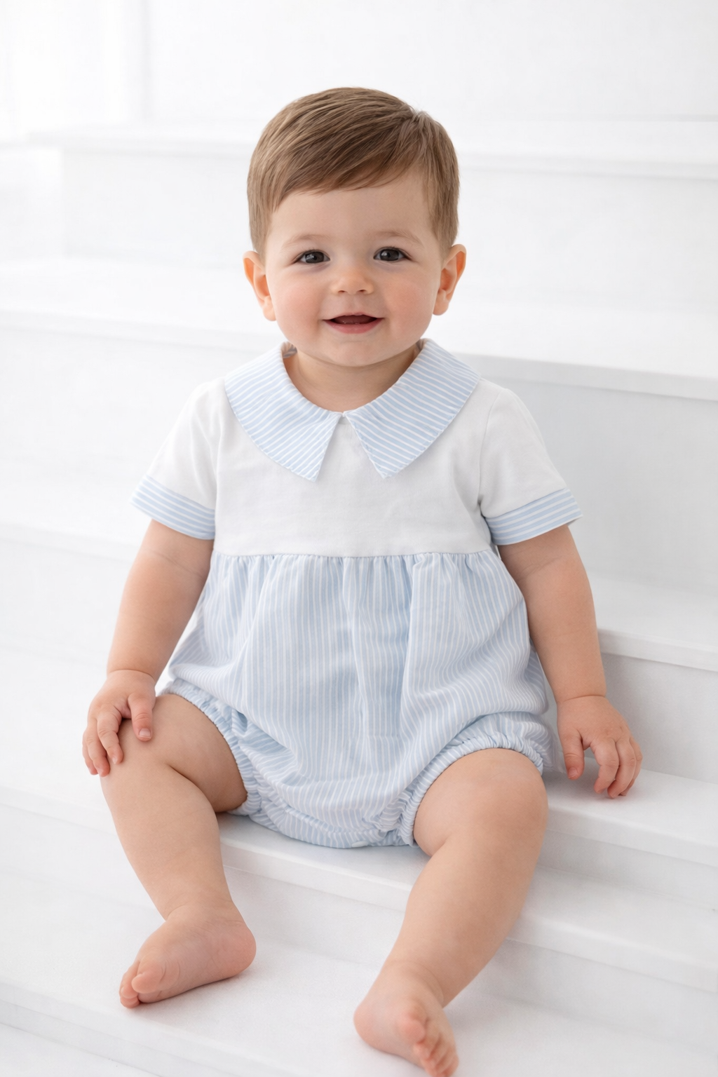 KL31 Baby Boys Stripe Collared Romper Blue