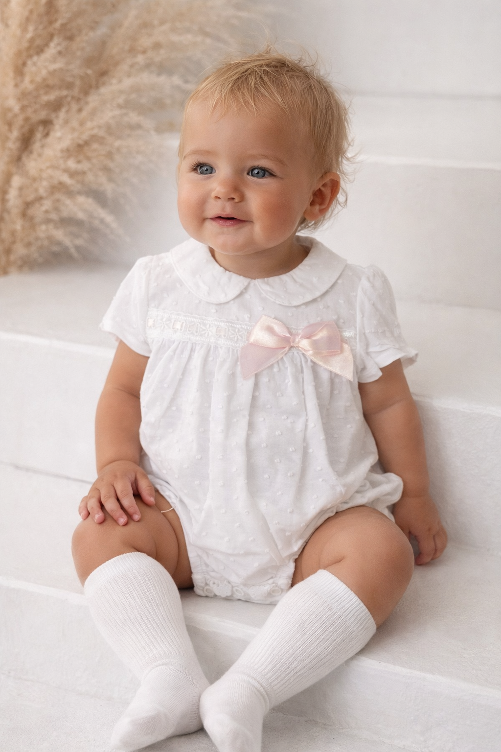 LBS26 Girls Cotton Bobble Romper Pink White
