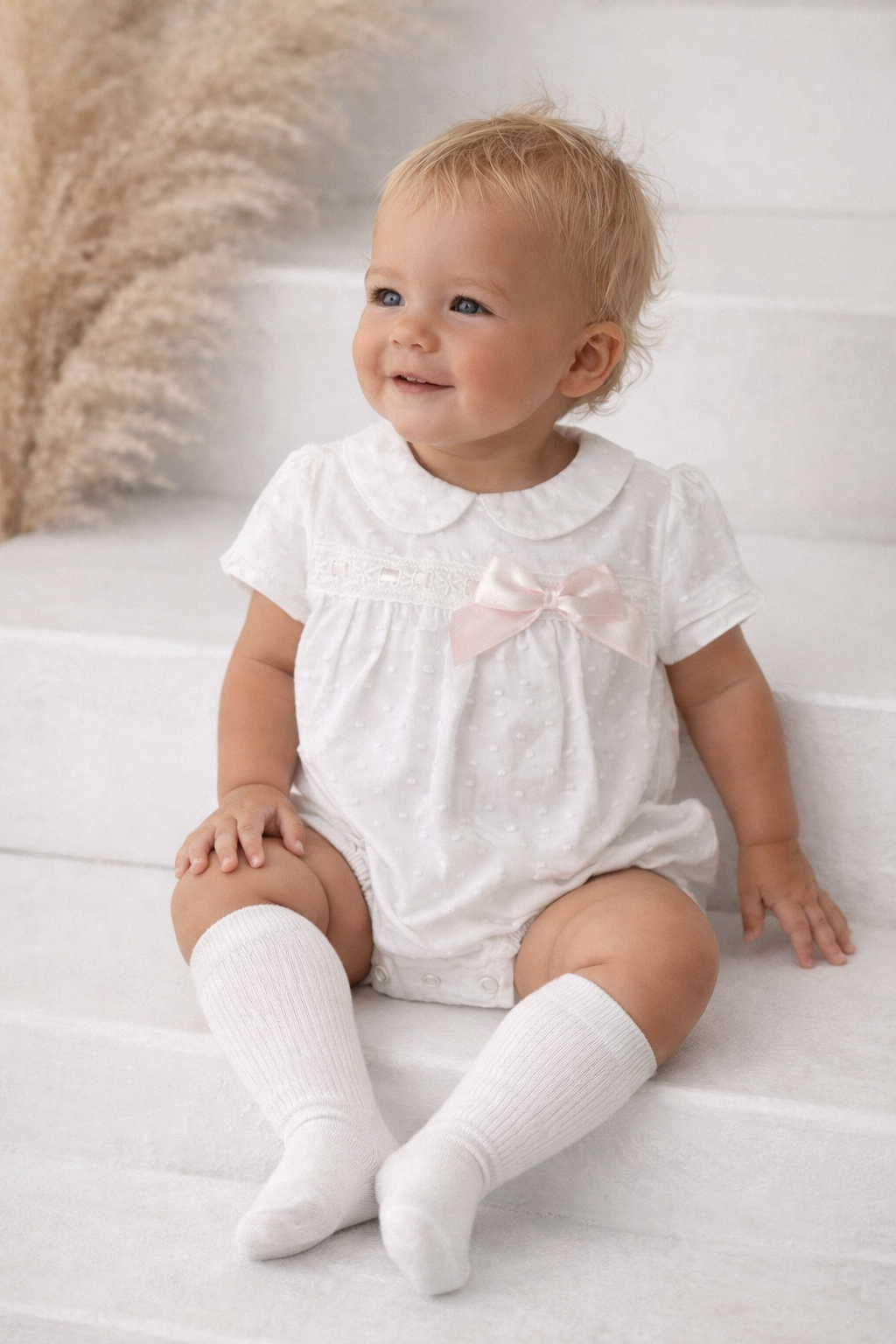 LBS26 Girls Cotton Bobble Romper Pink White