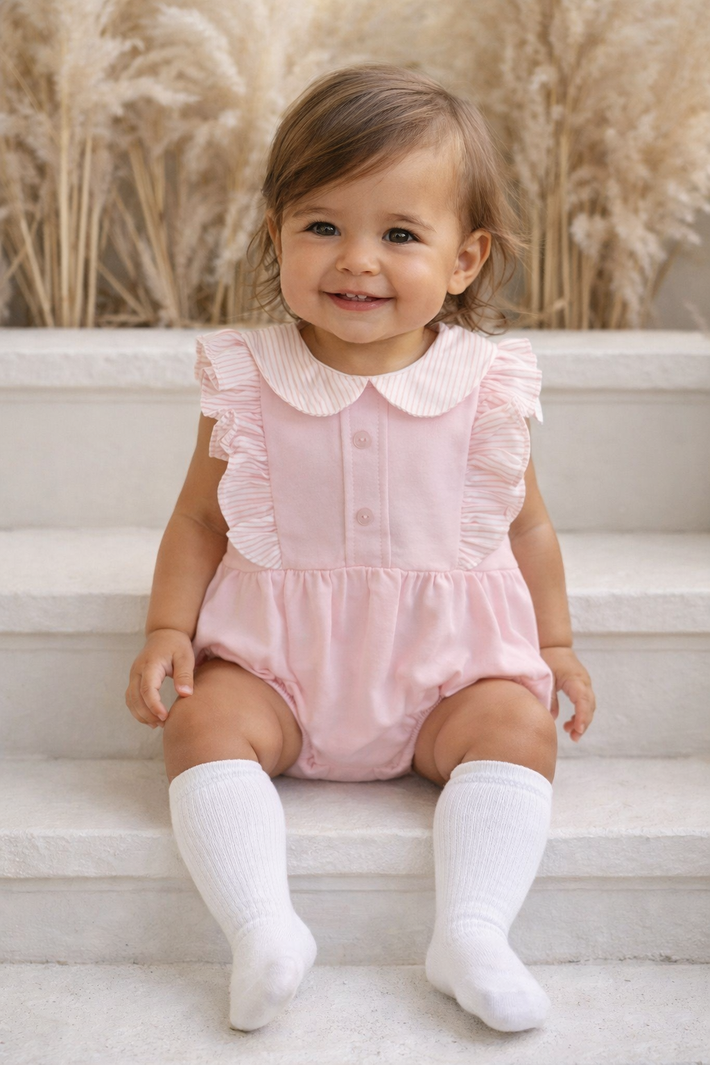 31451 Babidu Frilly Striped Romper Pink