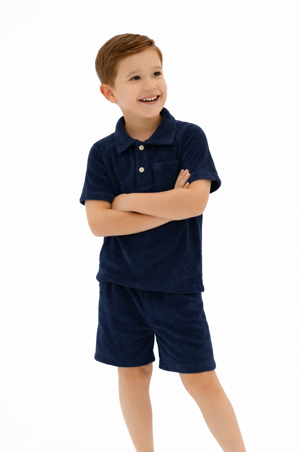 Ernie Boys Terry Towelling Button Polo Top & Shorts Navy