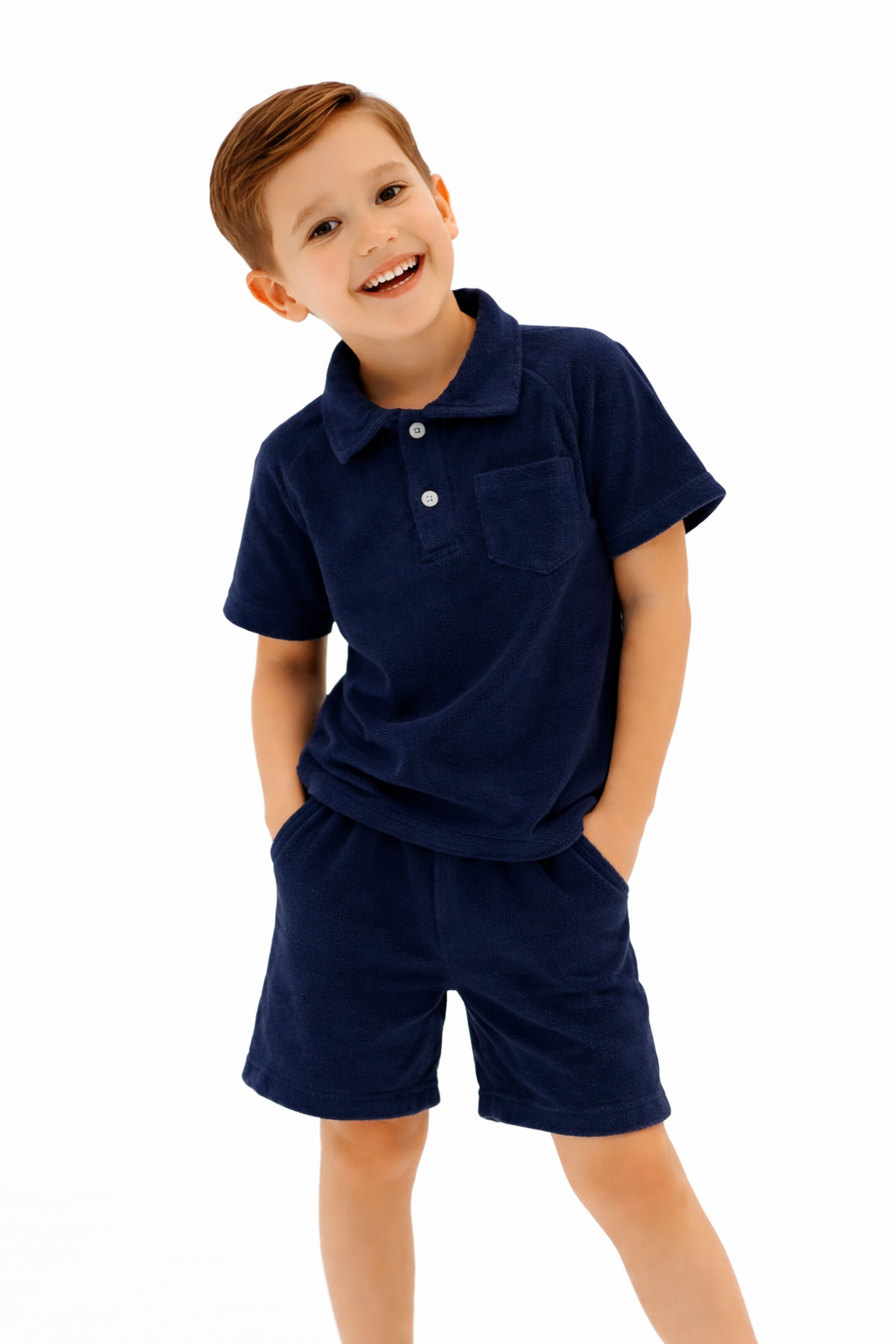 Ernie Boys Terry Towelling Button Polo Top & Shorts Navy