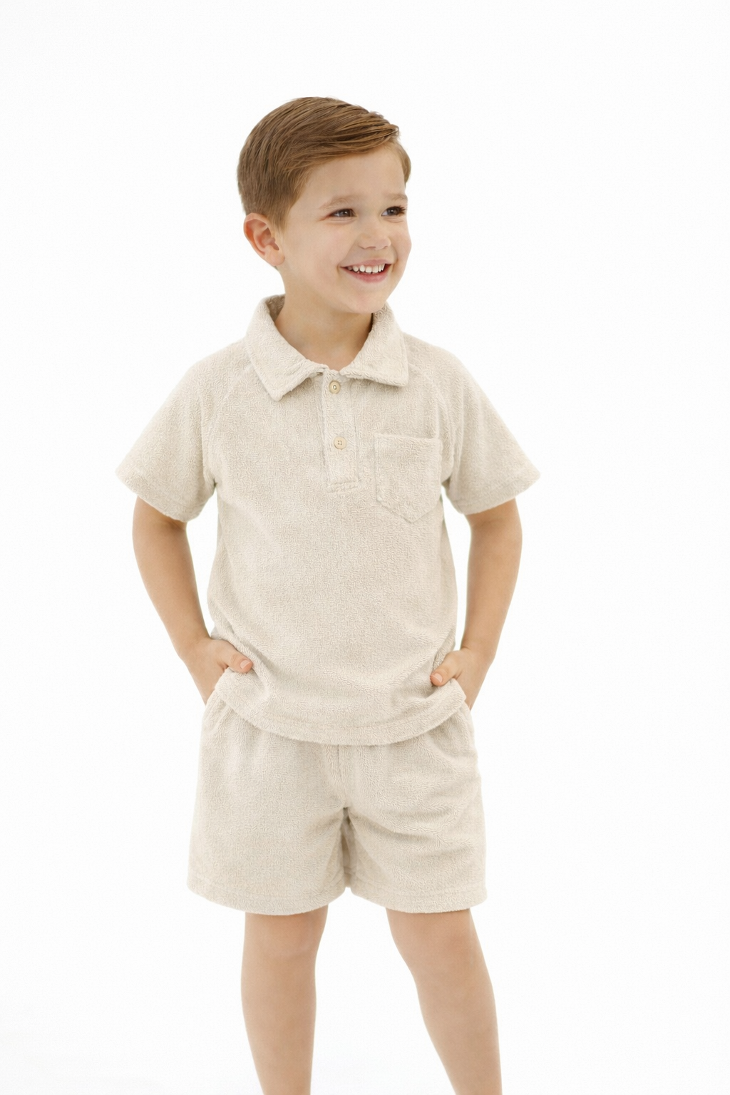Ernie Boys Terry Towelling Button Polo Top & Shorts Beige