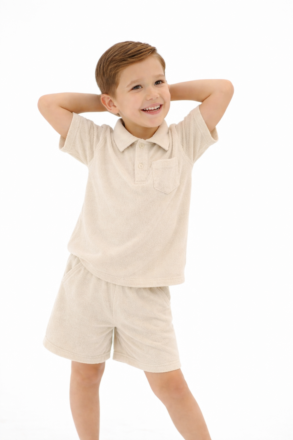 Ernie Boys Terry Towelling Button Polo Top & Shorts Beige