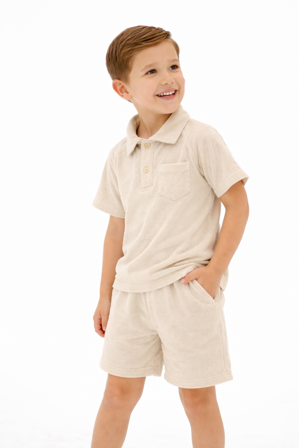 Ernie Boys Terry Towelling Button Polo Top & Shorts Beige