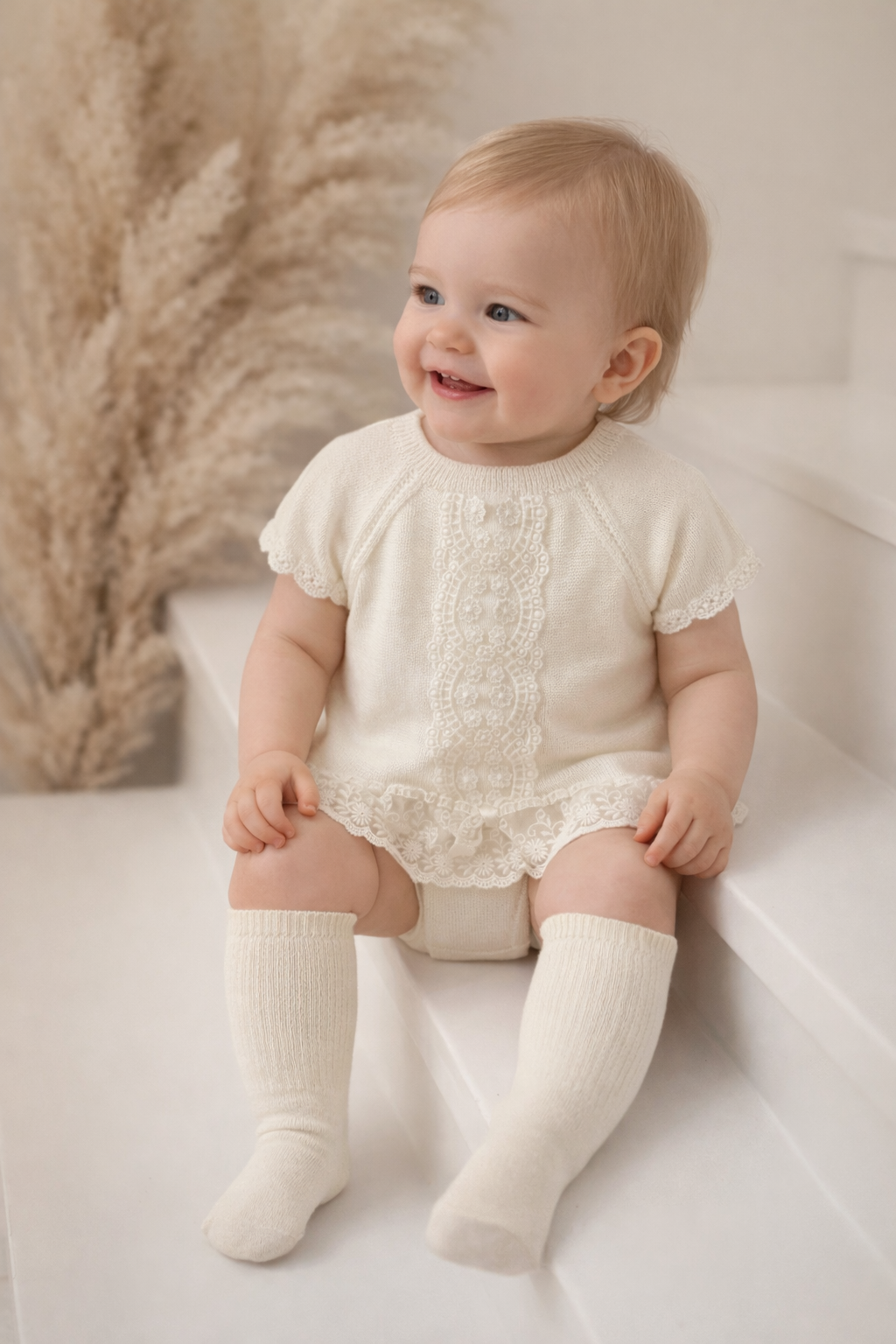 Lara Baby Girls Cream Spanish Laced Bloomer Set