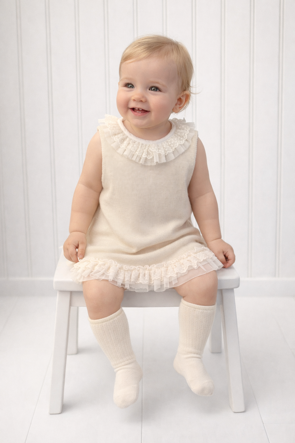 Tammy Knitted Frilly Collar Dress Beige