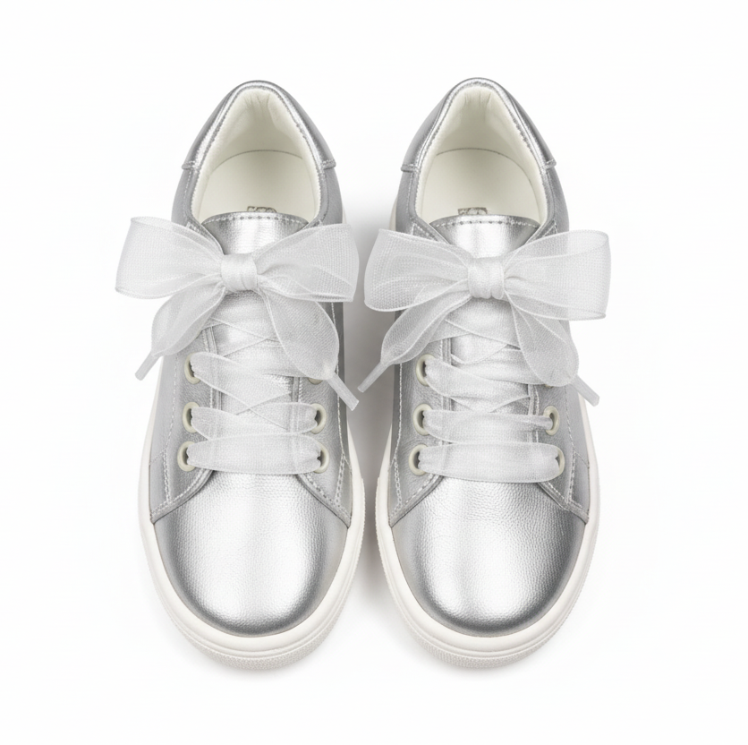 222297 Girls Ribbon Lace Up Leather Trainer Silver