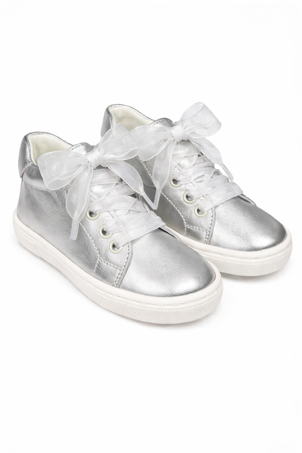 222297 Girls Ribbon Lace Up Leather Trainer Silver