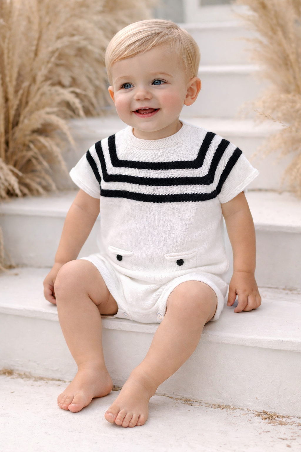 Julius Pex Baby Boys Knit Short Set White/Navy
