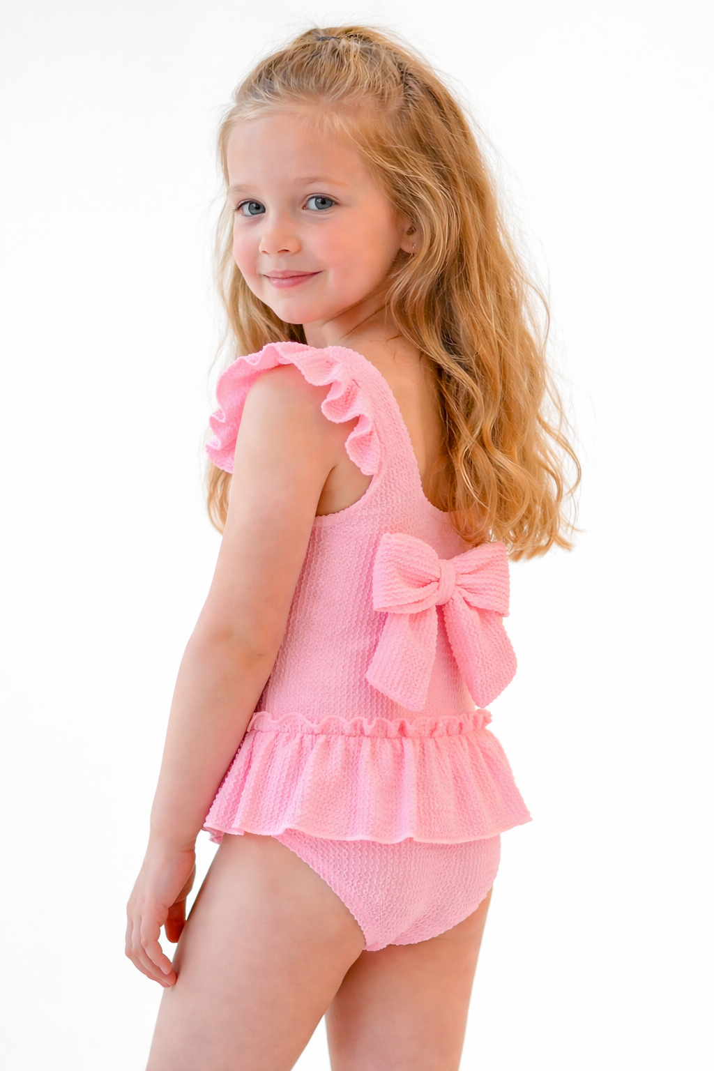 Holly Girls Pink Waffled Frilly Bow Swimming Costume & Hair Bow