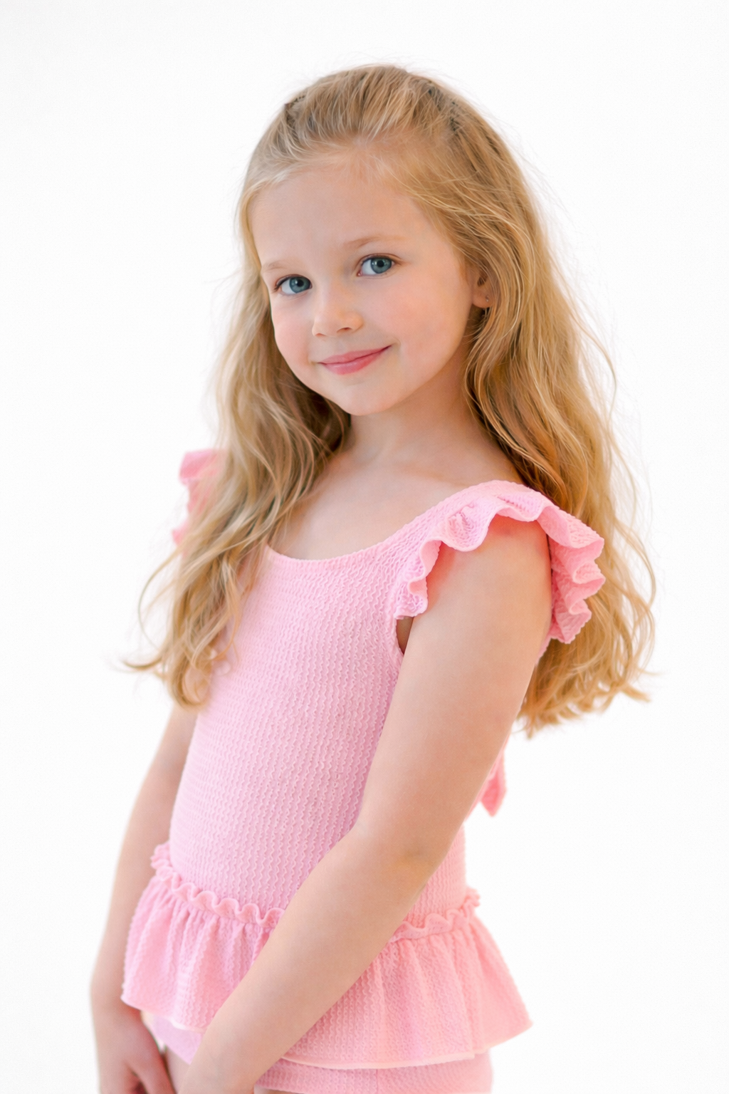 Holly Girls Pink Waffled Frilly Bow Swimming Costume & Hair Bow