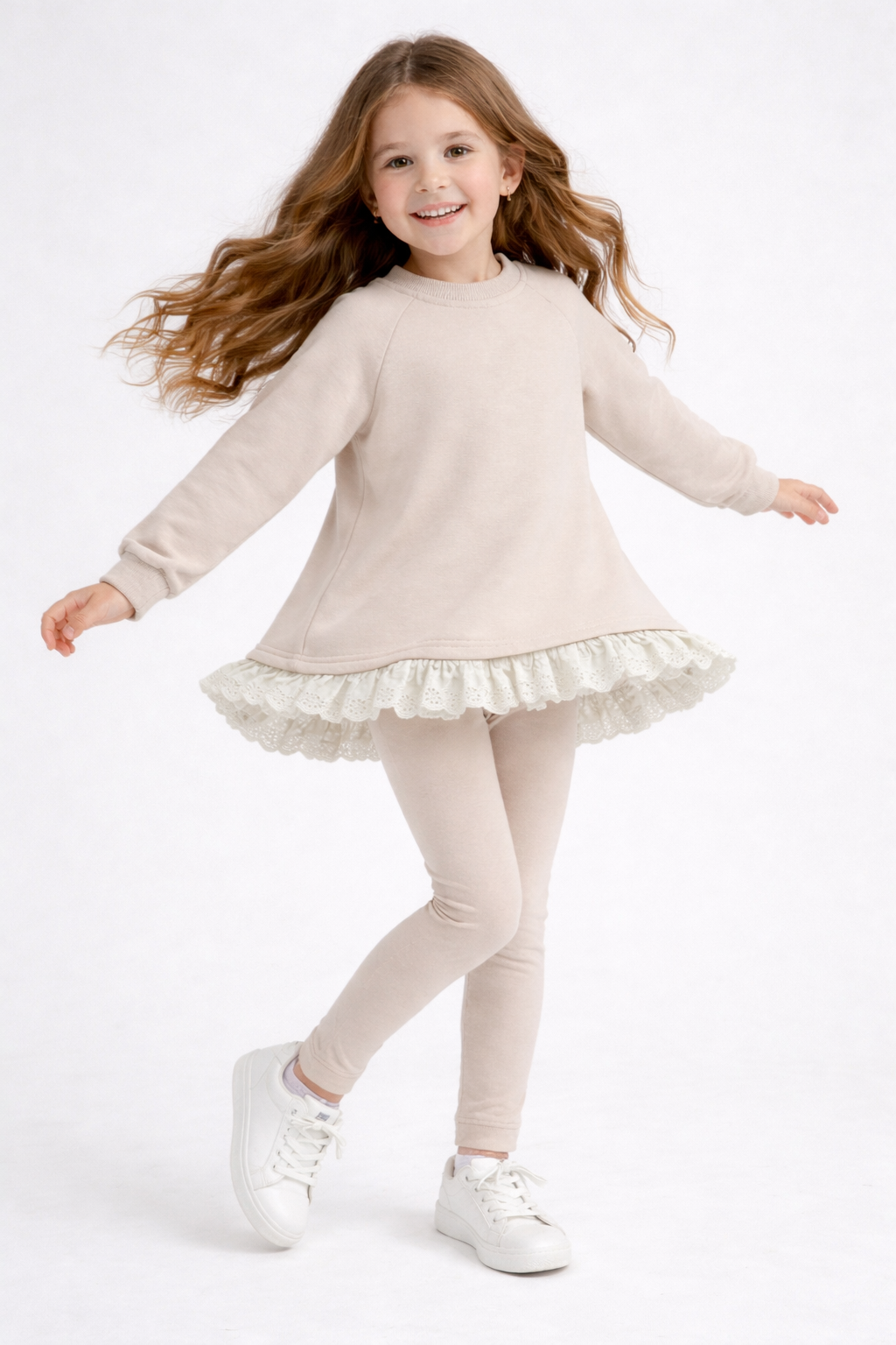 Myla Luxe Girls Oversize Lace Jumper & Legging Tracksuit Set Beige