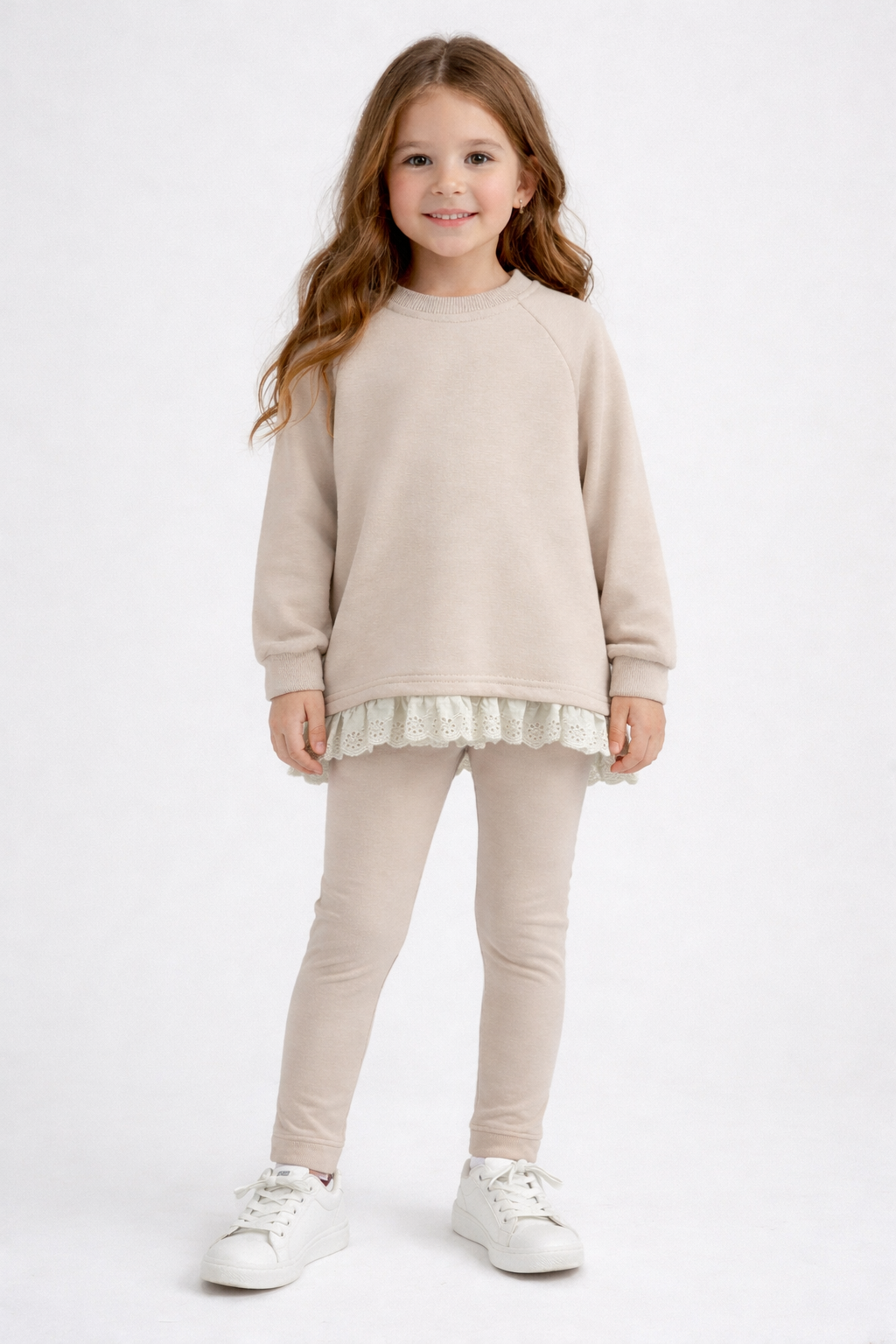 Myla Luxe Girls Oversize Lace Jumper & Legging Tracksuit Set Beige