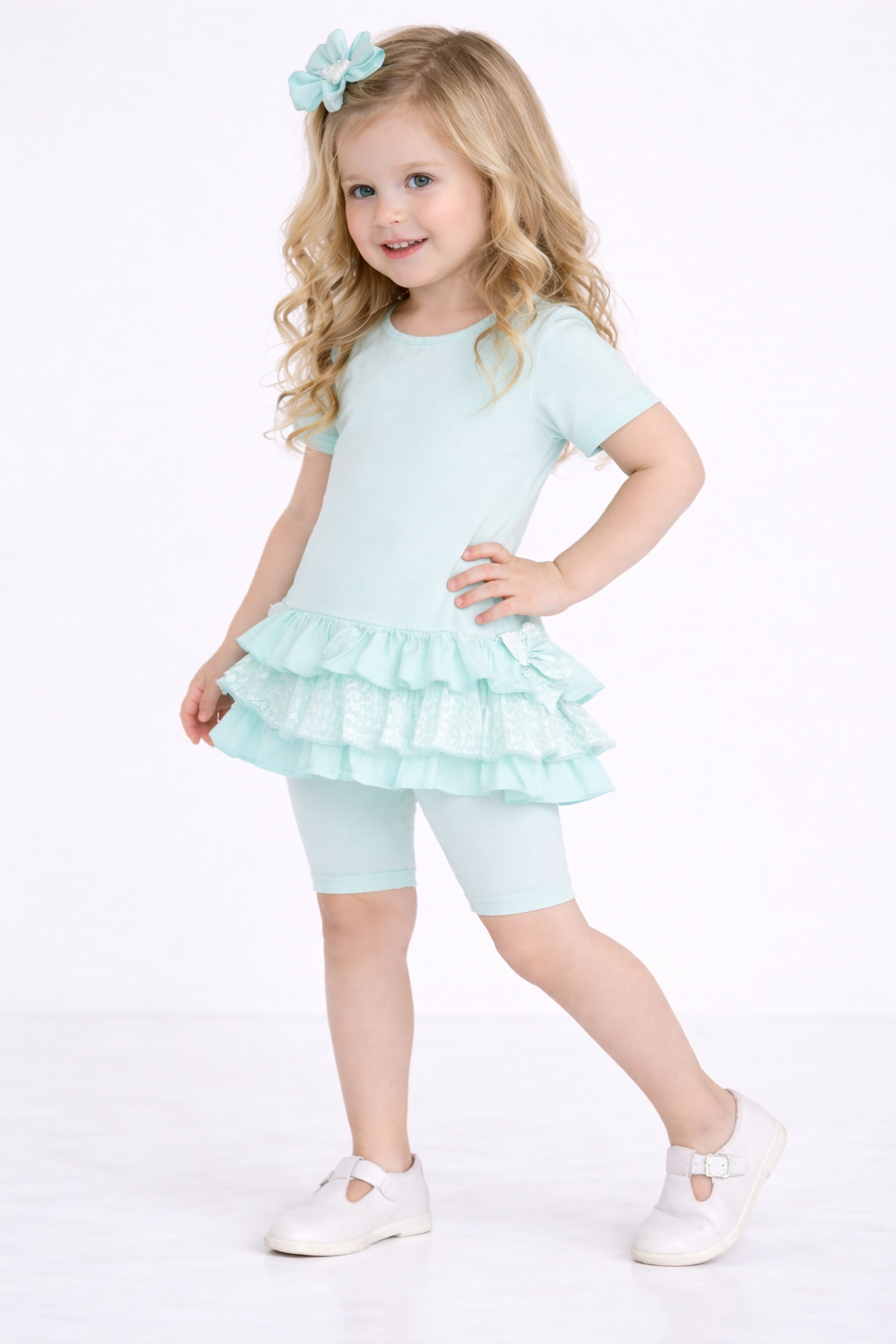 Celine Girls Ruffle Frilly Leggings & Shorts Set Mint