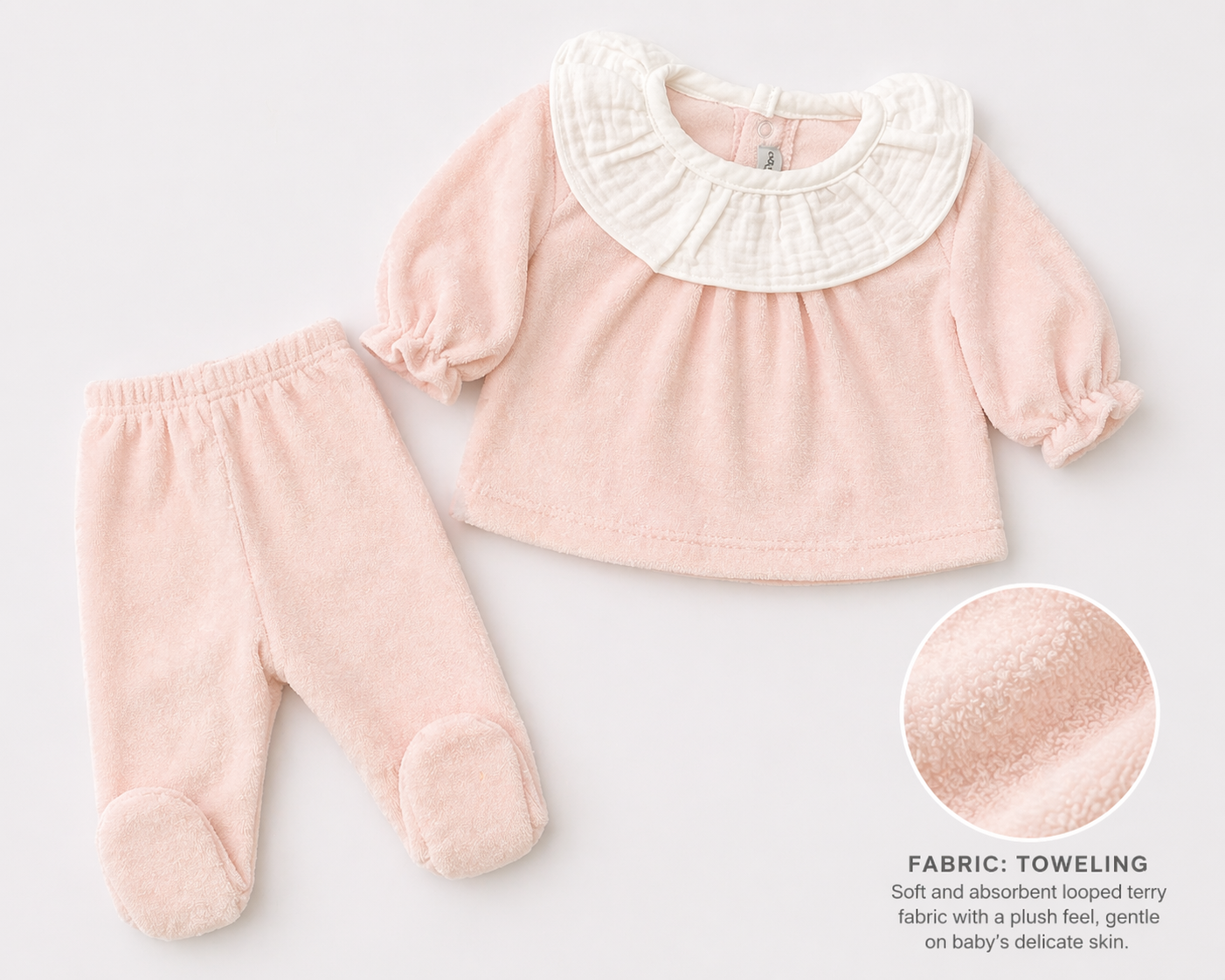 11279 Calamaro Baby Girls Frilly Collar Pink Towelling Babygrow 2 Piece