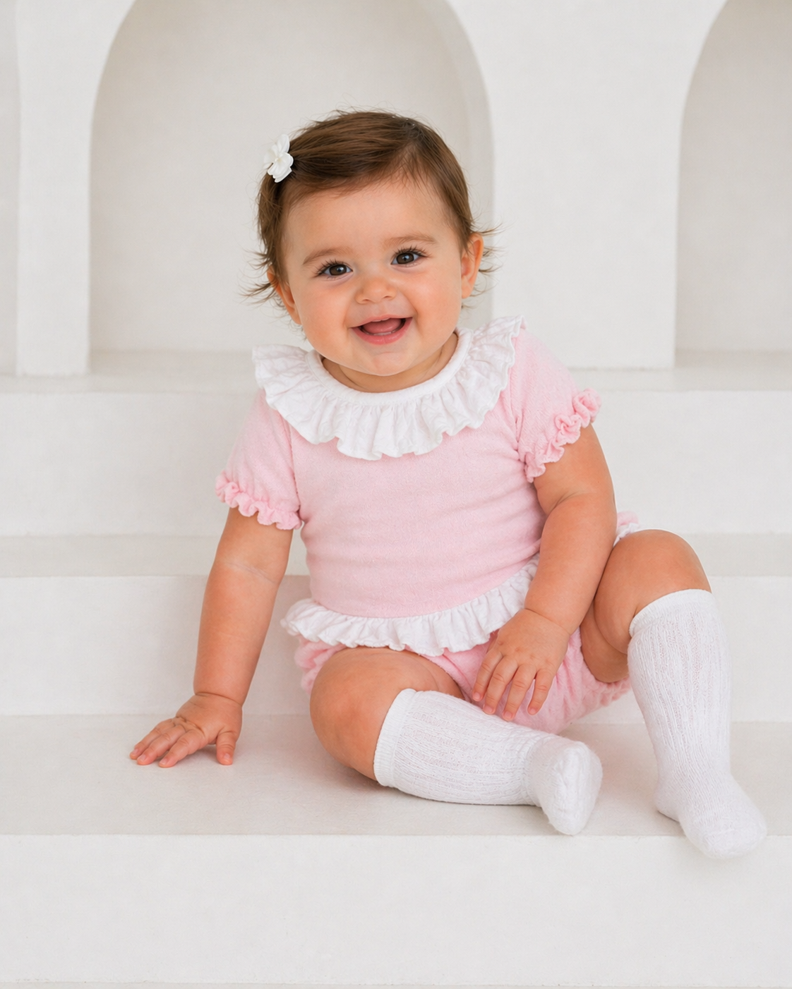 11281 Baby Girls Towelling Frilly Top and Jam Pants Pink