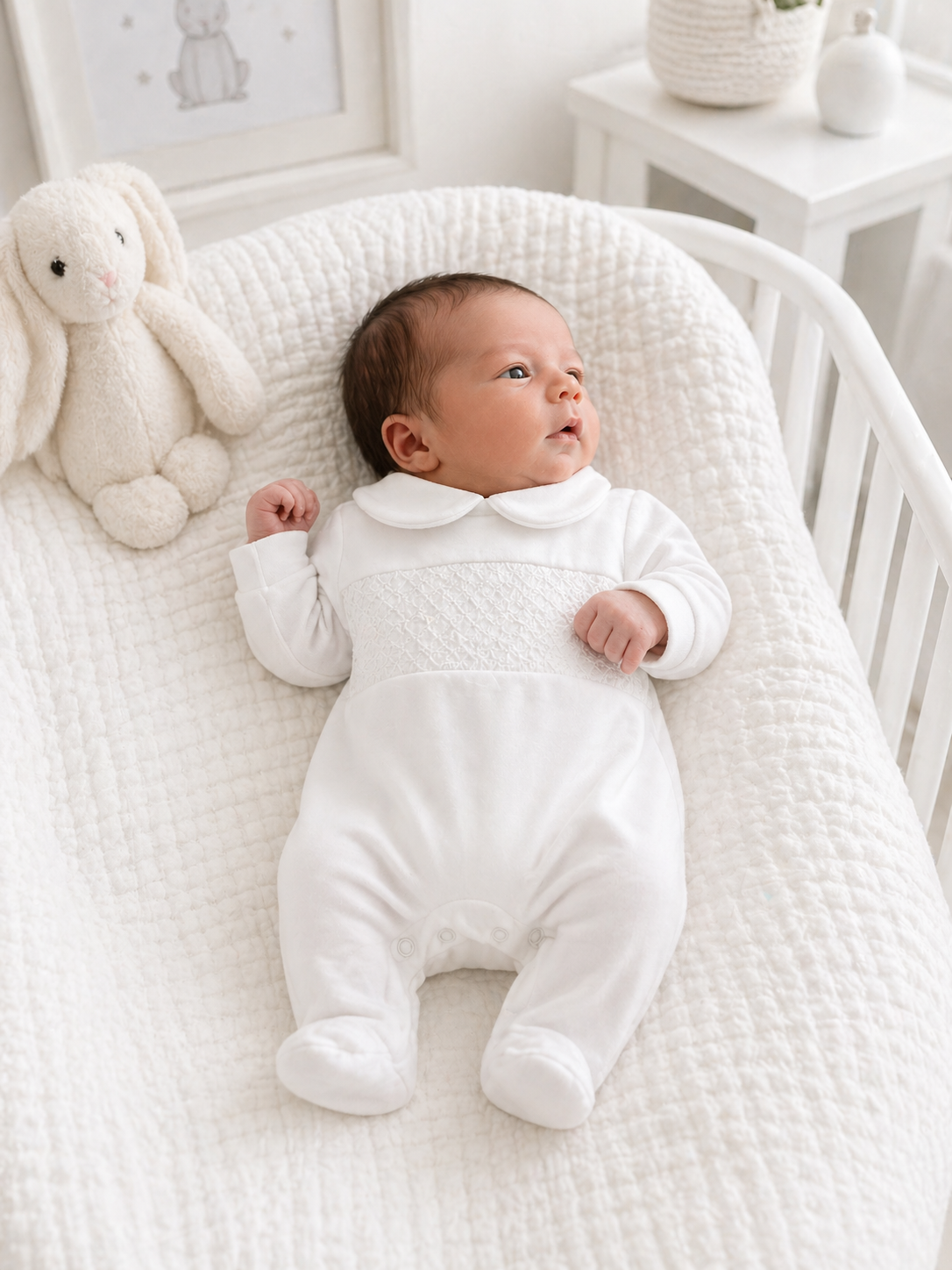 Baby Unisex Peter Pan Collar Smocking Babygrow White/White